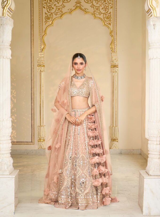 Dust Pink & Rose gold hand embroidered net lehenga set