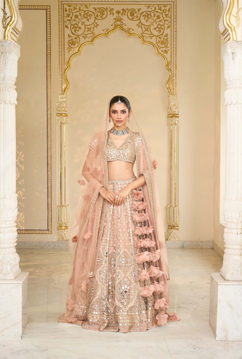 Dust Pink & Rose gold hand embroidered net lehenga set