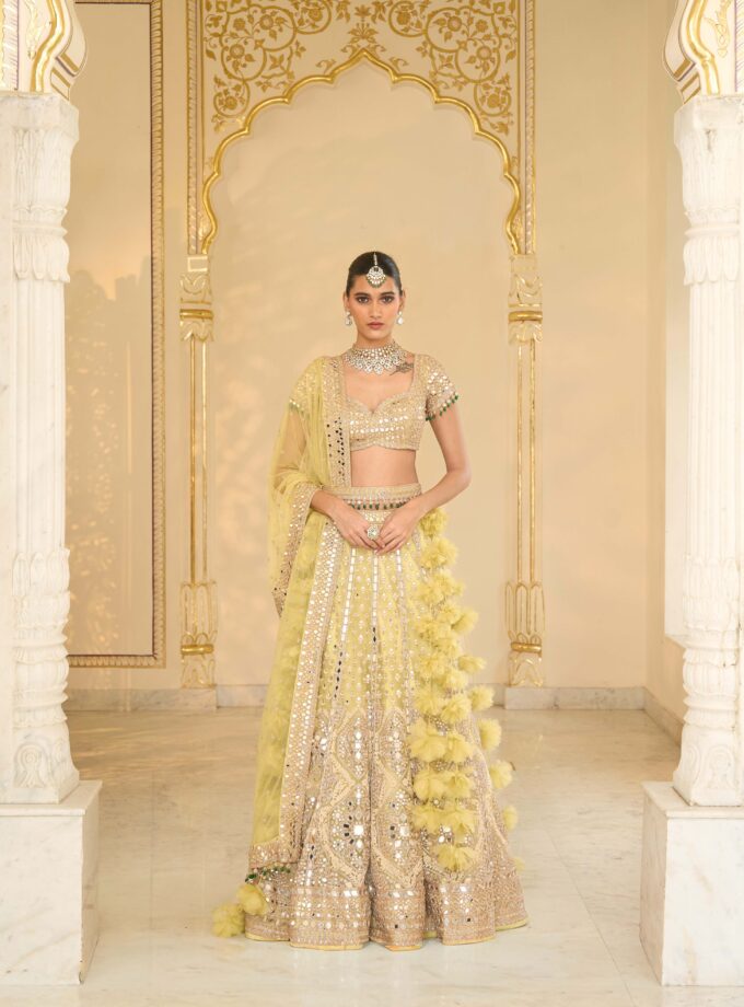 Mint green & Rose gold hand embroidered net lehenga set
