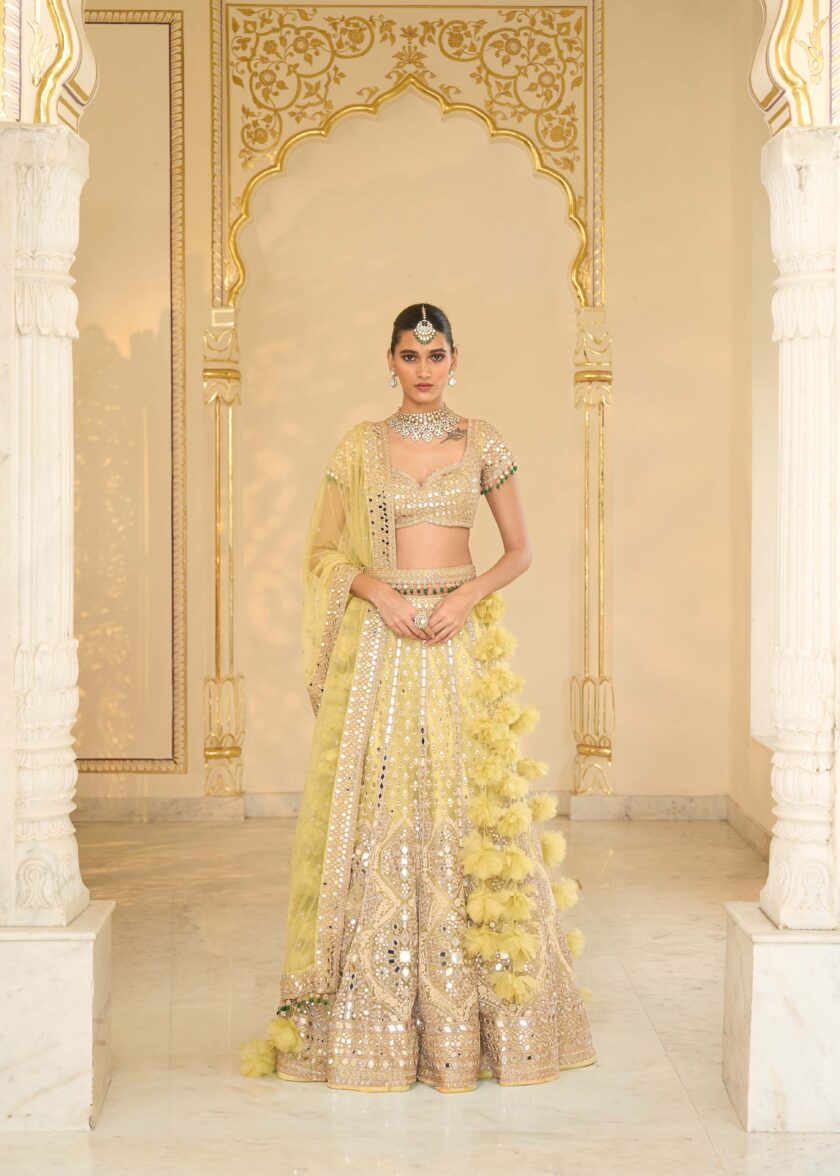 Mint green & Rose gold hand embroidered net lehenga set