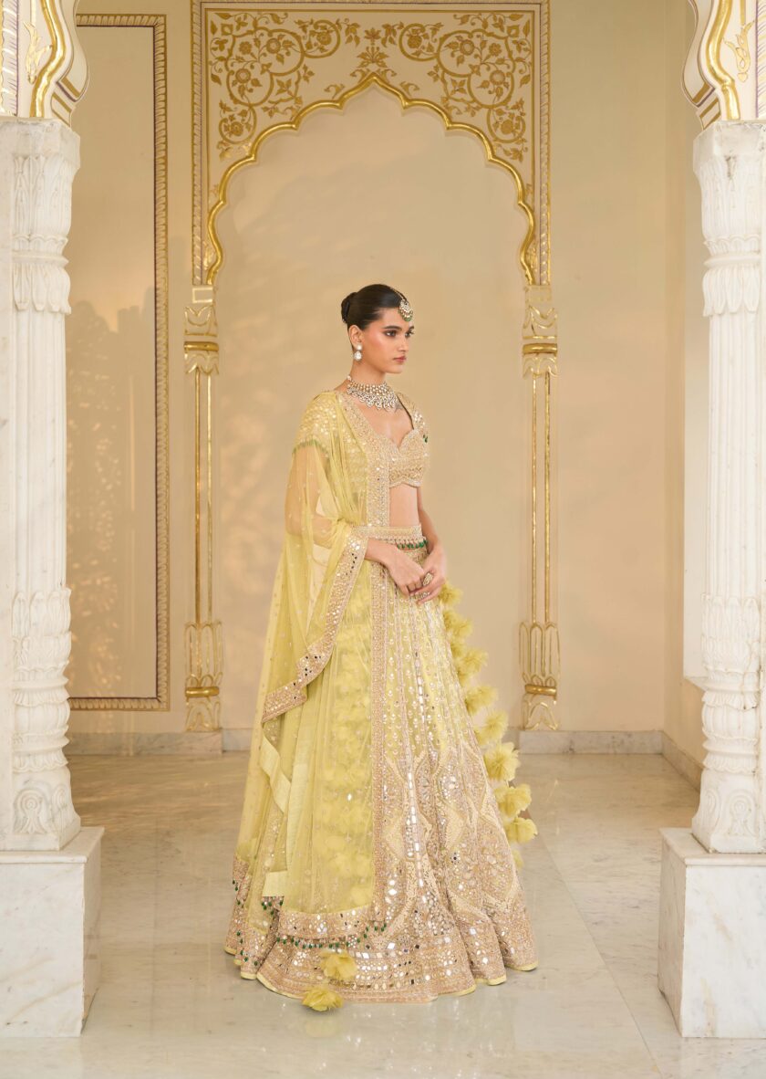 Mint green & Rose gold hand embroidered net lehenga set - Image 3