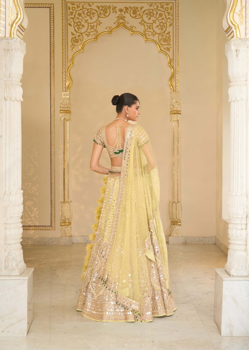 Mint green & Rose gold hand embroidered net lehenga set - Image 4