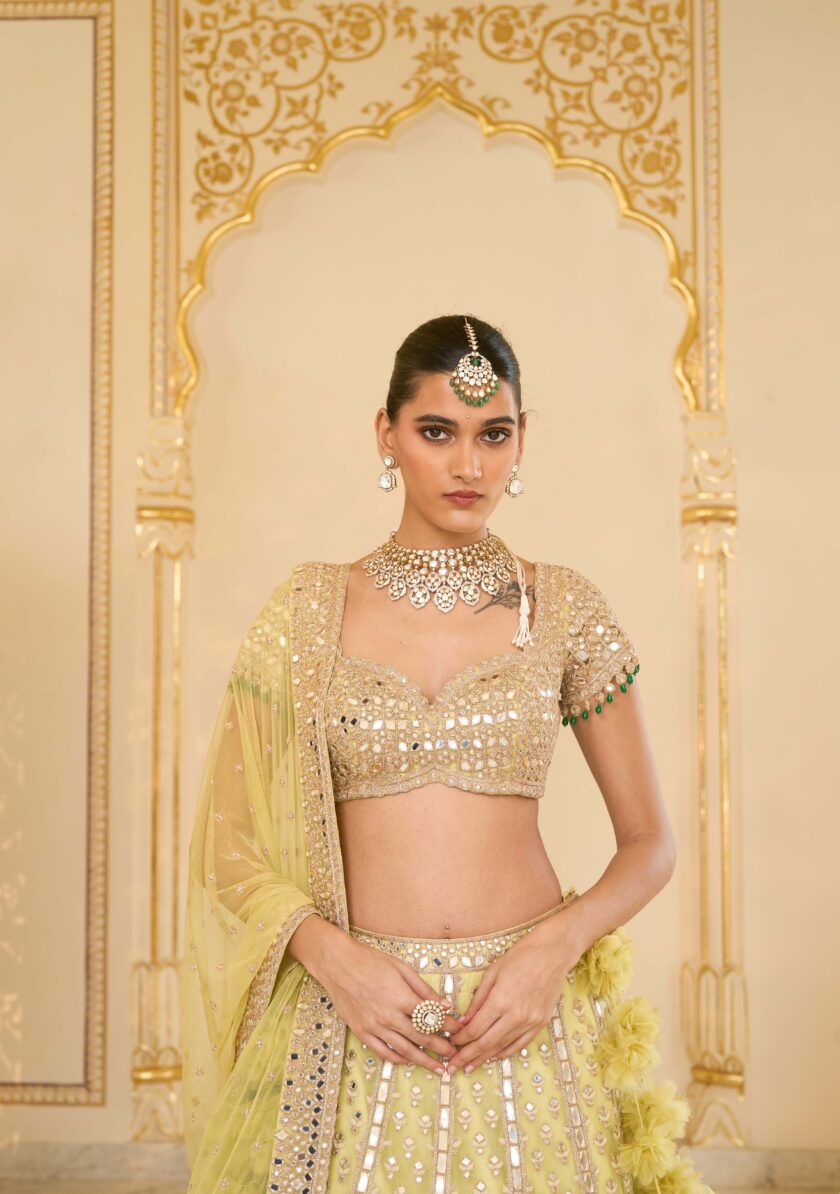 Mint green & Rose gold hand embroidered net lehenga set - Image 5