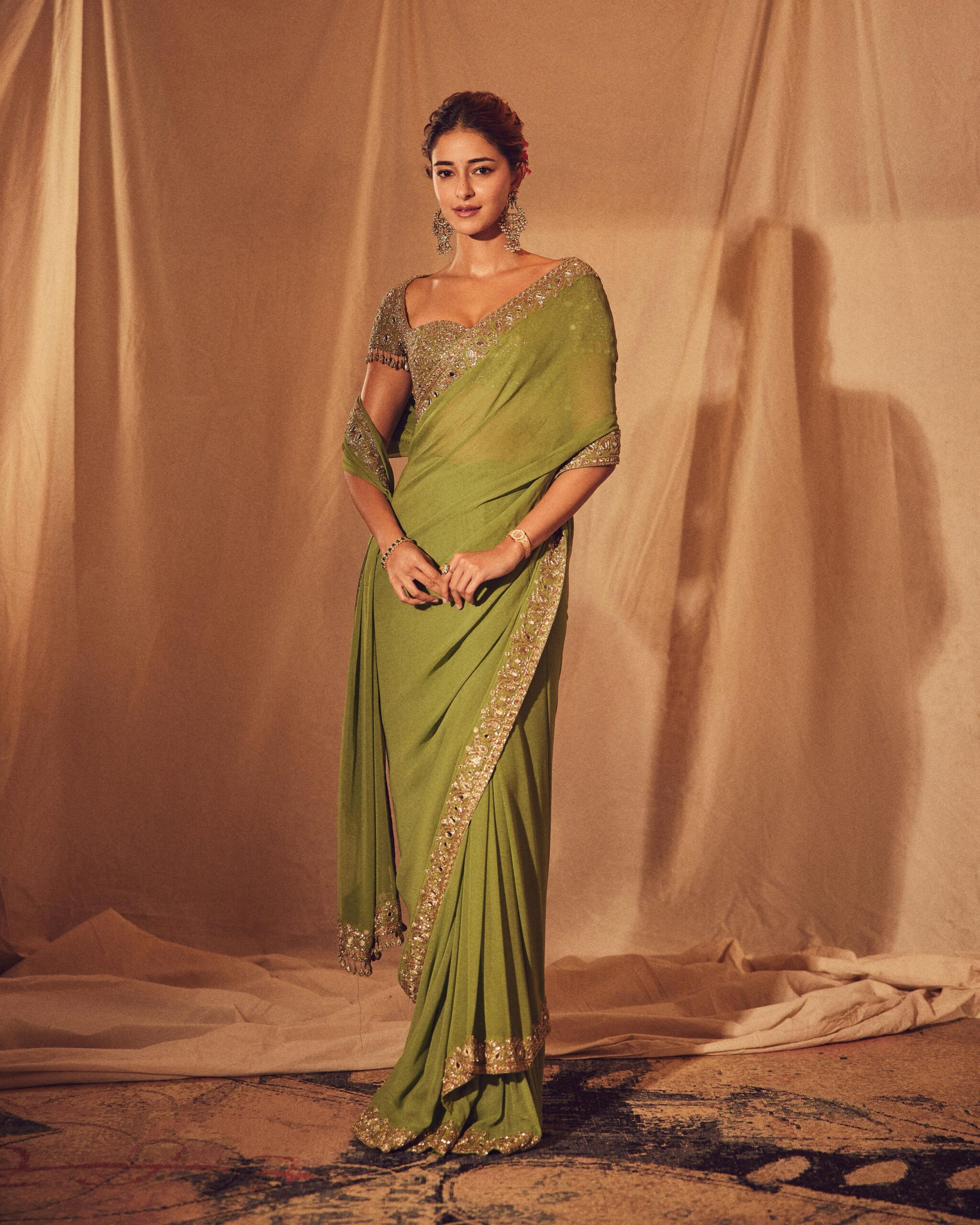 Warm olive hand embroidered classic sari set - Image 2
