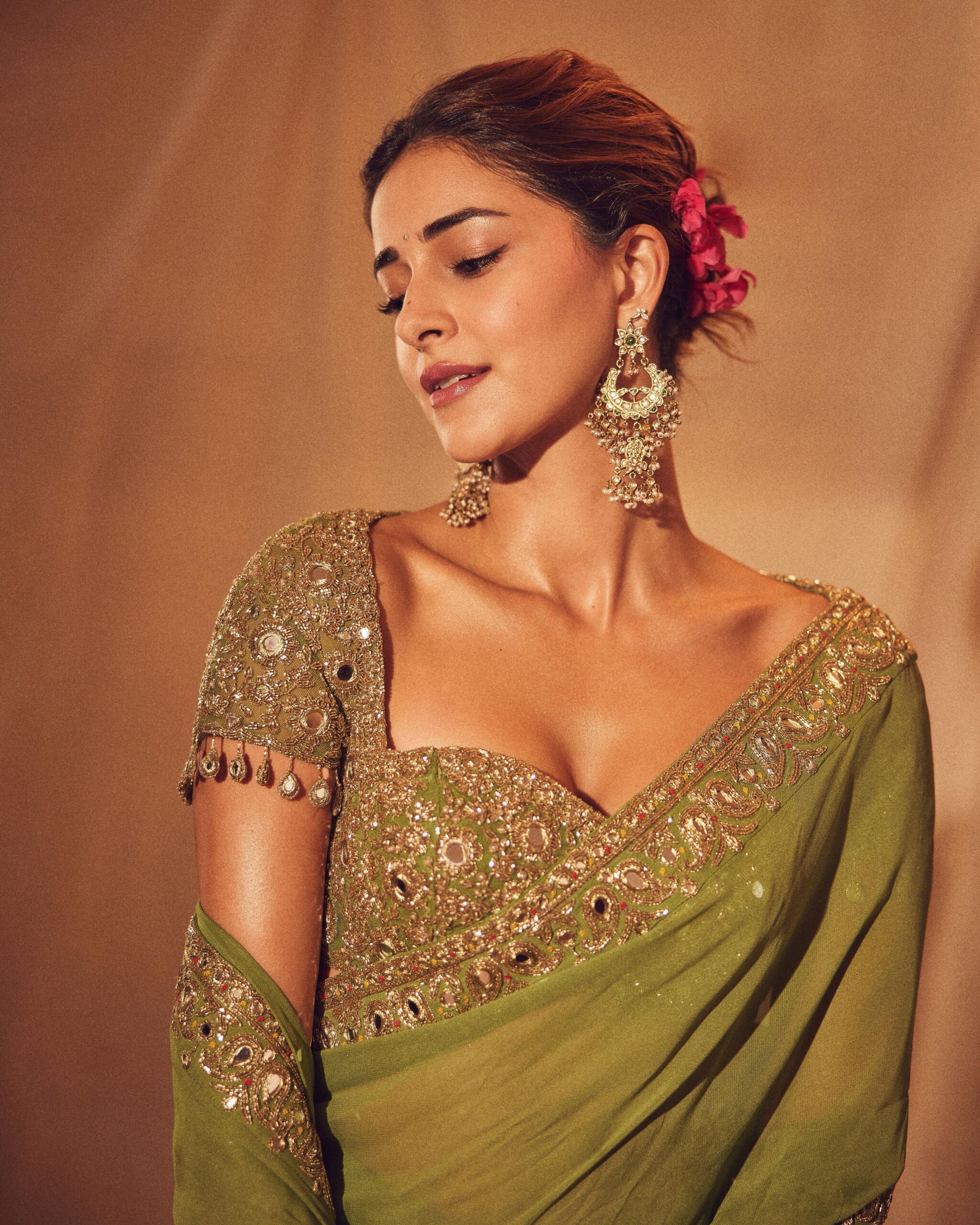 Warm olive hand embroidered classic sari set - Image 3