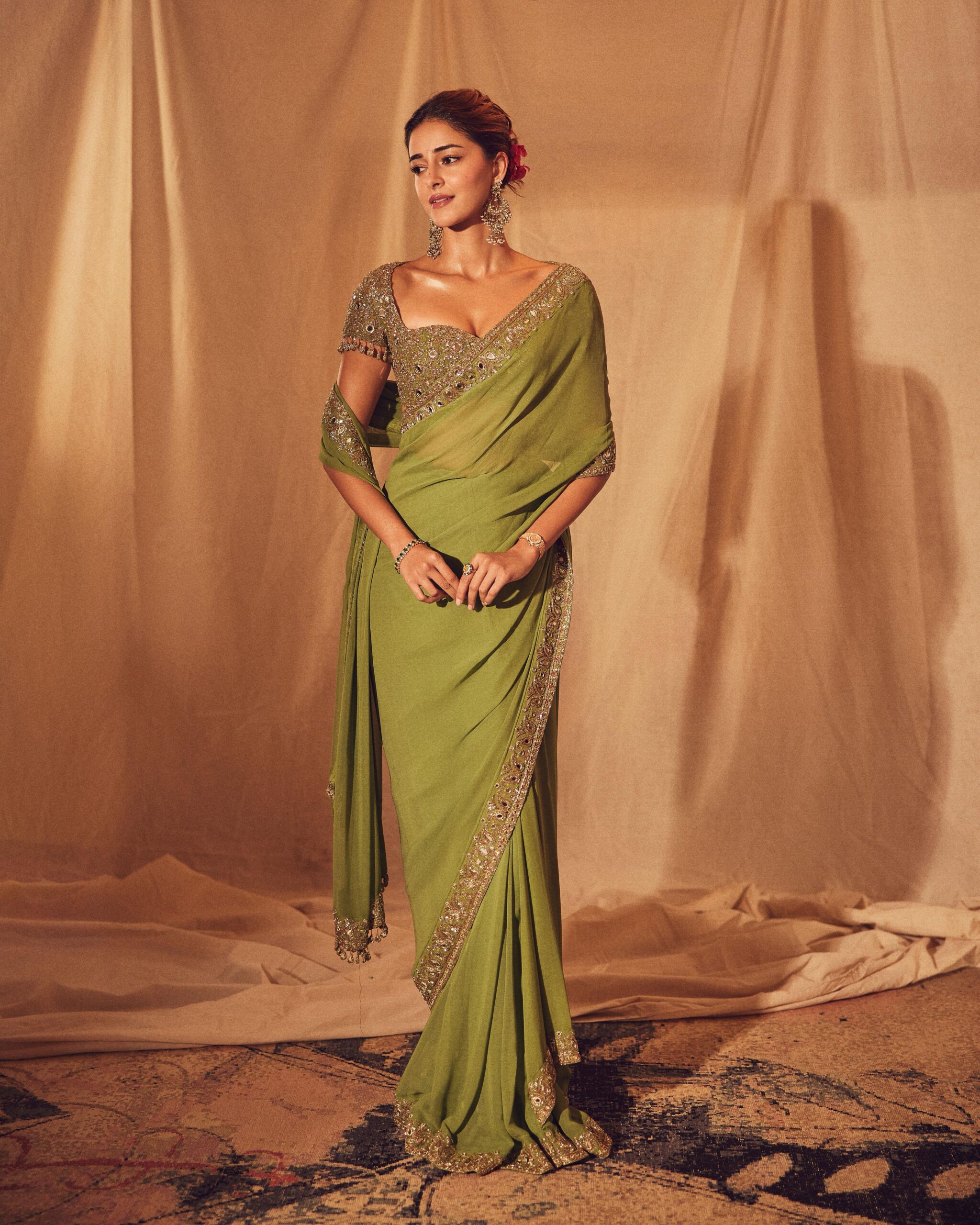 Warm olive hand embroidered classic sari set