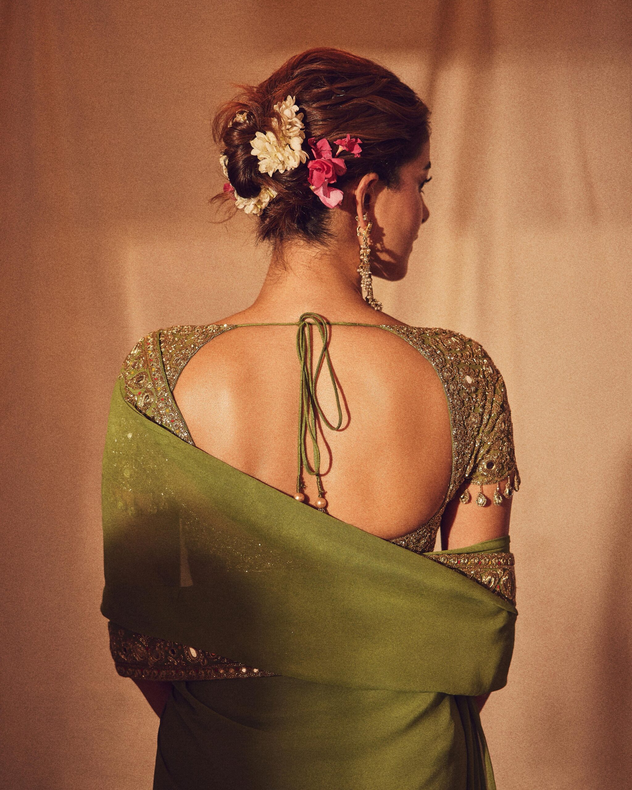 Warm olive hand embroidered classic sari set - Image 5