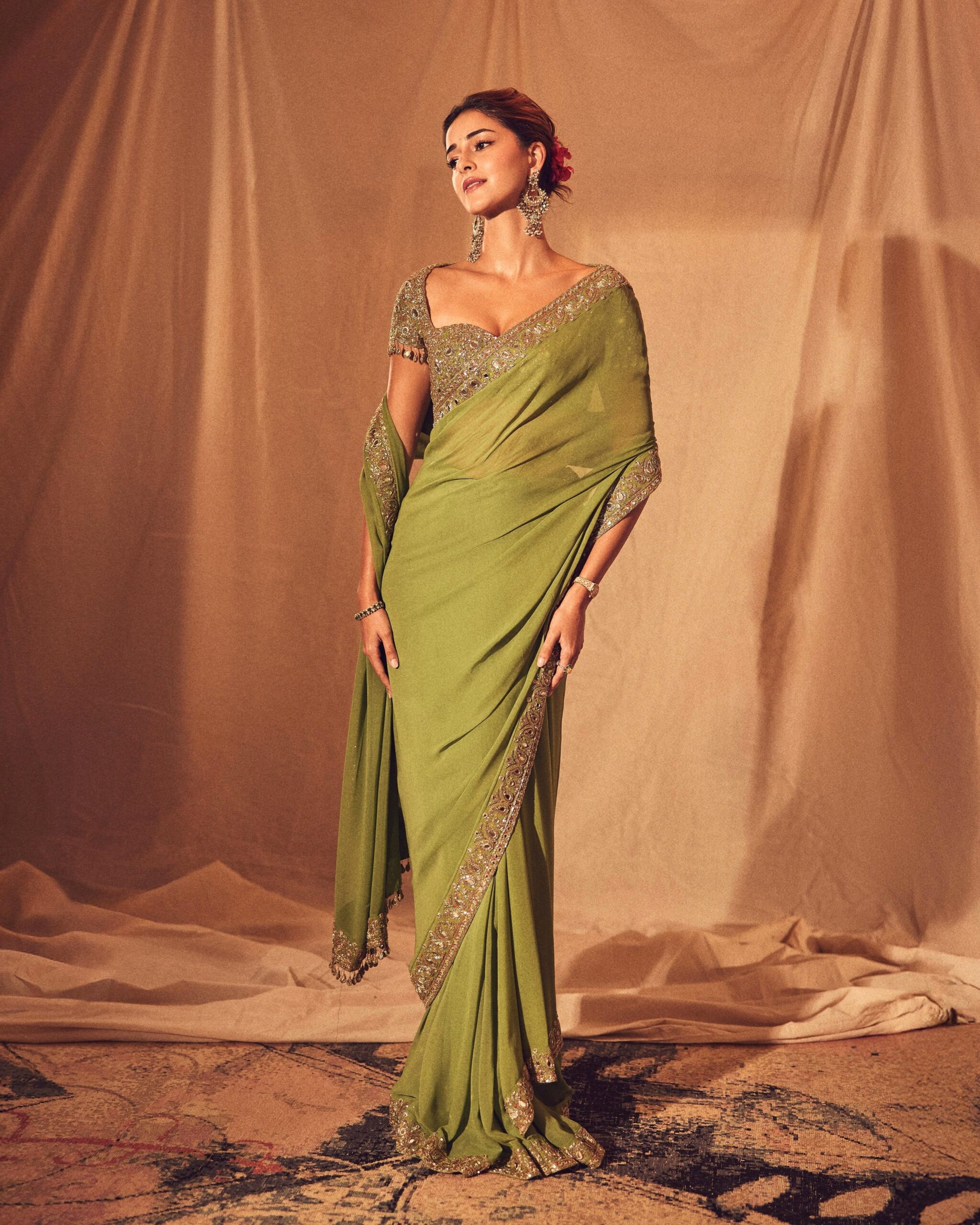 Warm olive hand embroidered classic sari set - Image 4