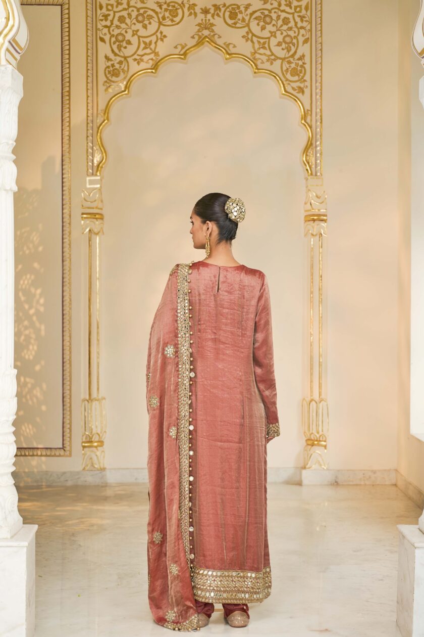 Light brick tissue hand embroidered long kurta set - Image 4