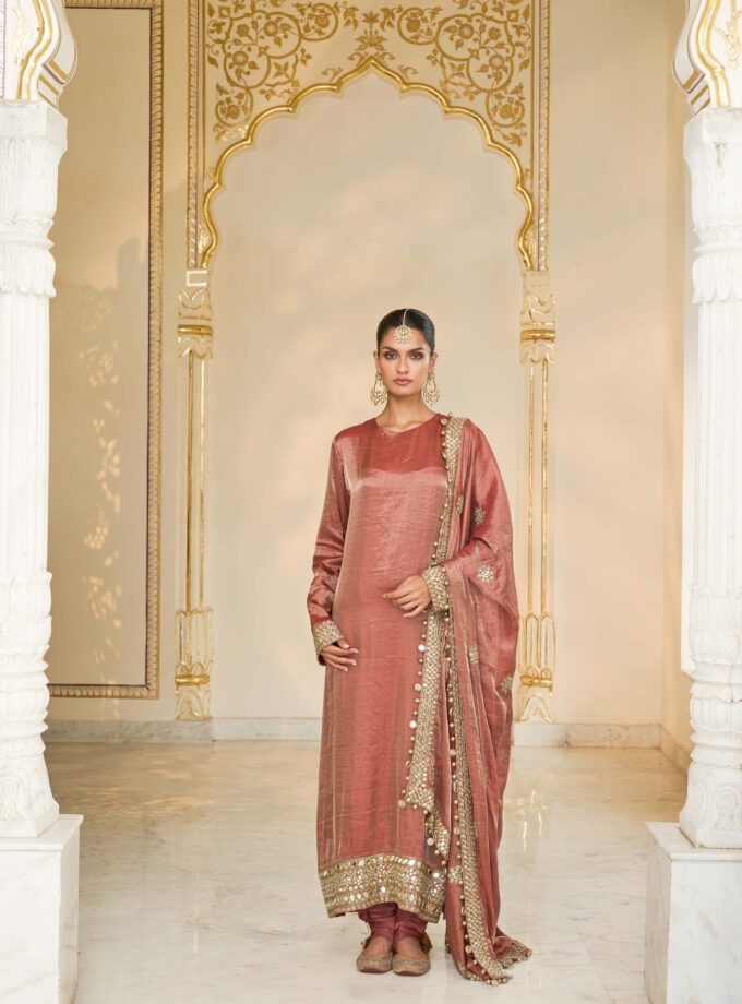 Light brick tissue hand embroidered long kurta set