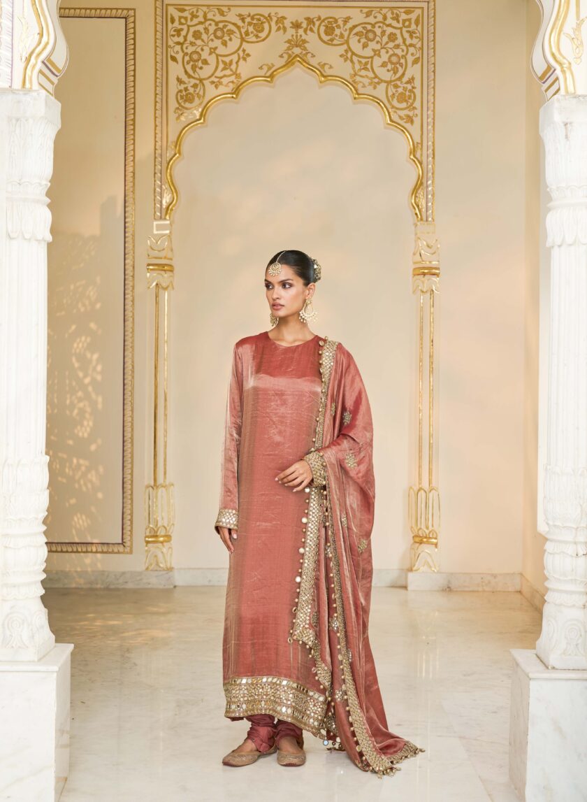 Light brick tissue hand embroidered long kurta set - Image 2