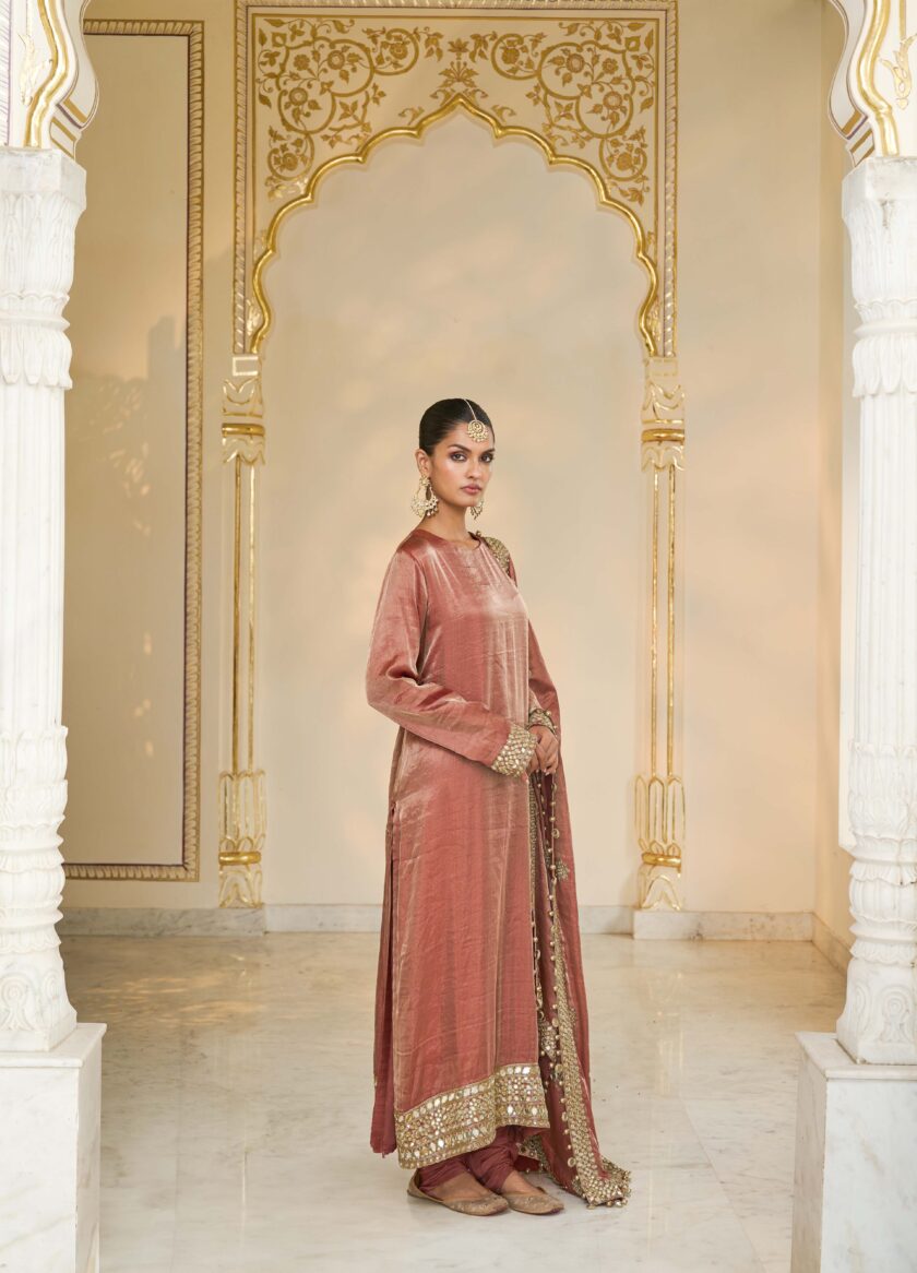 Light brick tissue hand embroidered long kurta set - Image 3