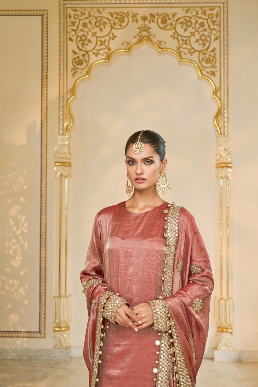 Light brick tissue hand embroidered long kurta set - Image 5