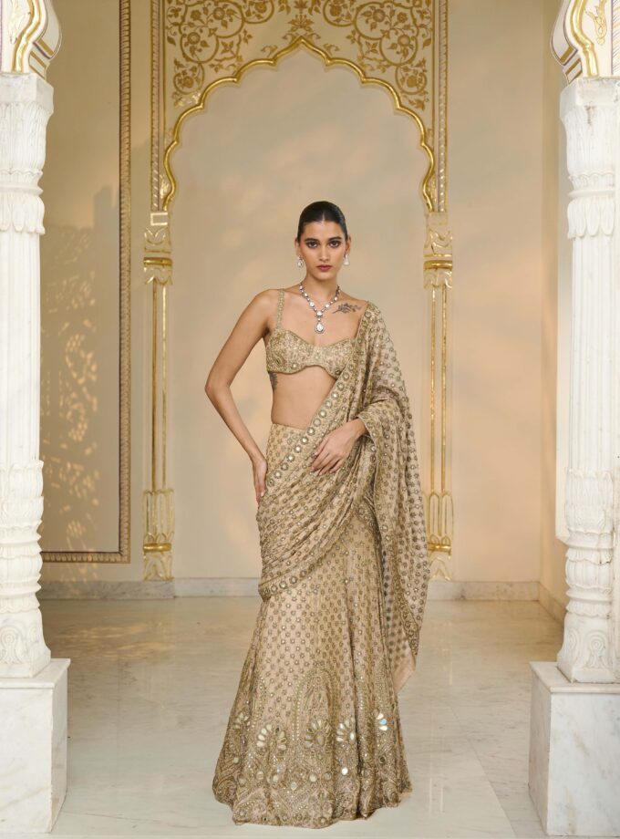 Gold tissue hand embroidered lehenga sari set
