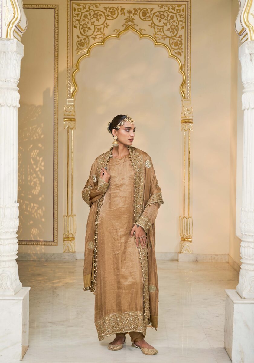 Bronze tissue hand embroidered long kurta set - Image 3