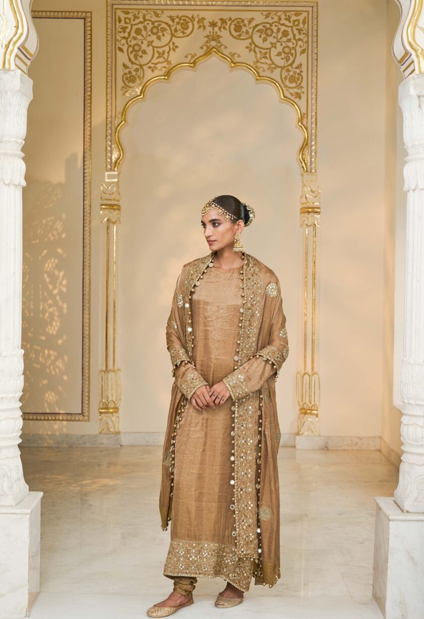 Bronze tissue hand embroidered long kurta set - Image 2