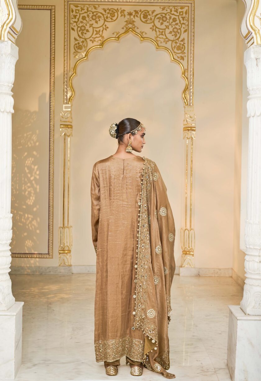 Bronze tissue hand embroidered long kurta set - Image 4