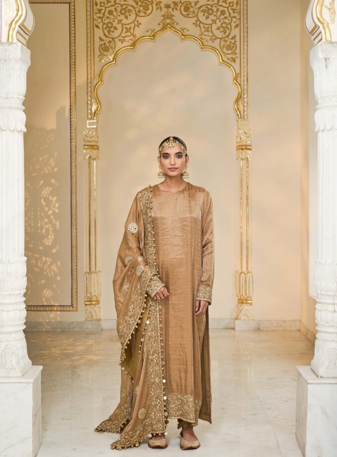 Bronze tissue hand embroidered long kurta set