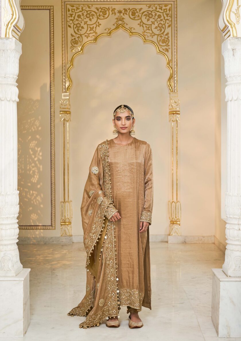 Bronze tissue hand embroidered long kurta set