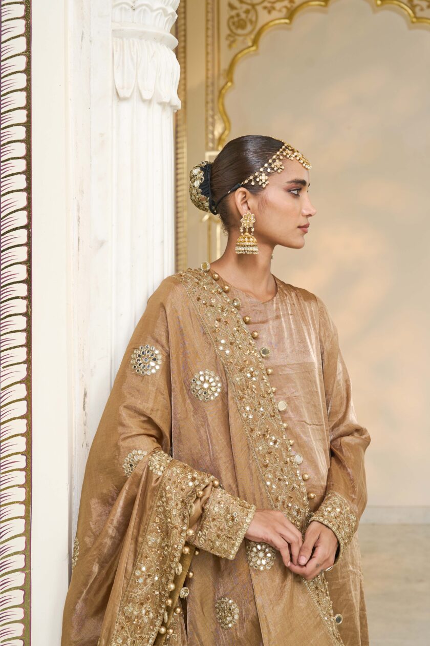 Bronze tissue hand embroidered long kurta set - Image 5