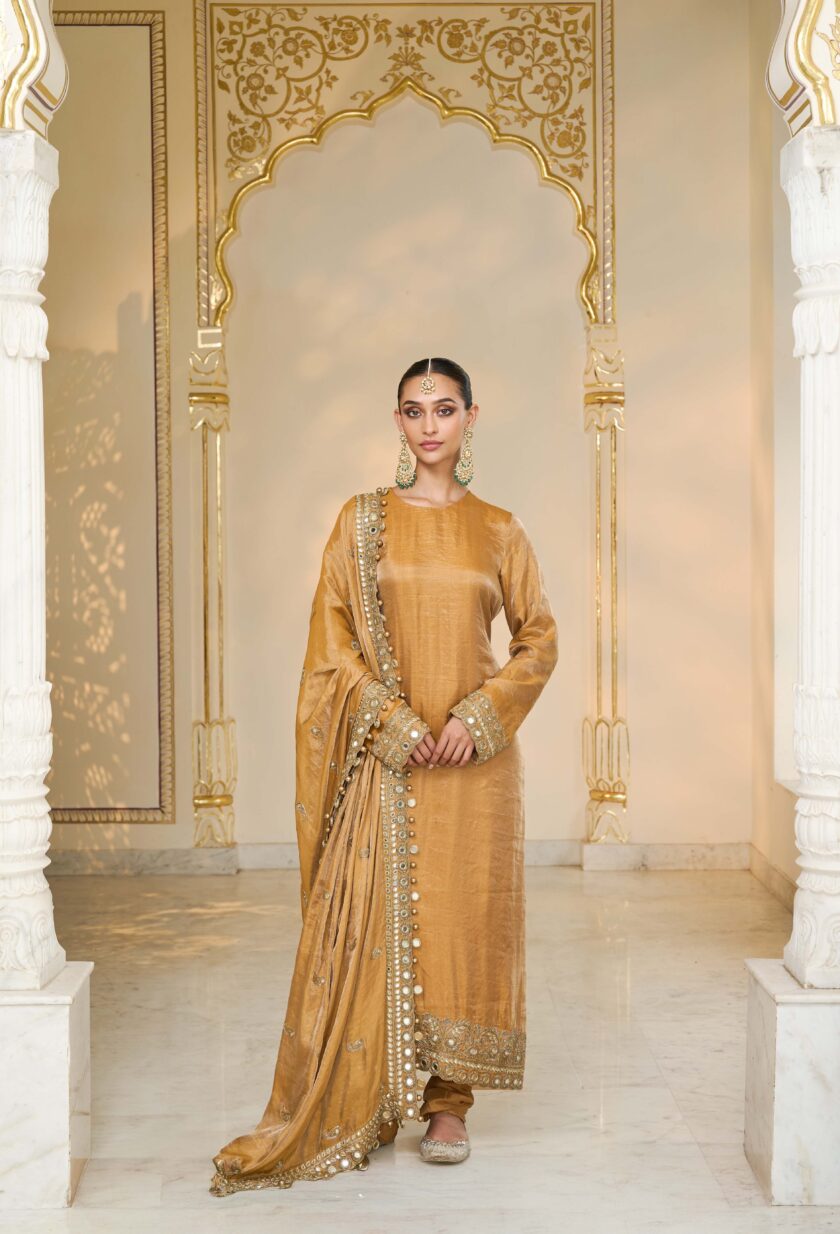 Copper tissue hand embroidered long kurta set