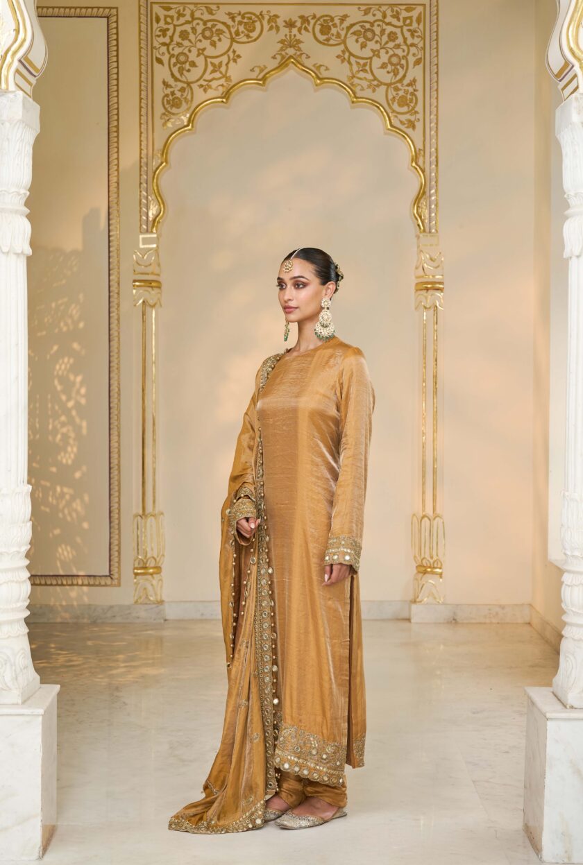 Copper tissue hand embroidered long kurta set - Image 2