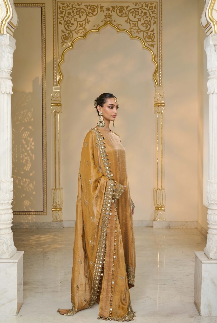 Copper tissue hand embroidered long kurta set - Image 3