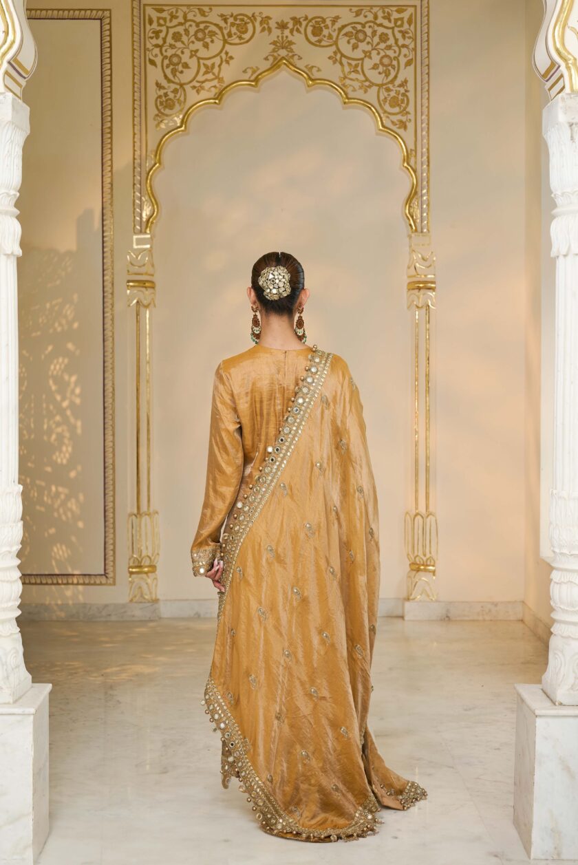 Copper tissue hand embroidered long kurta set - Image 4
