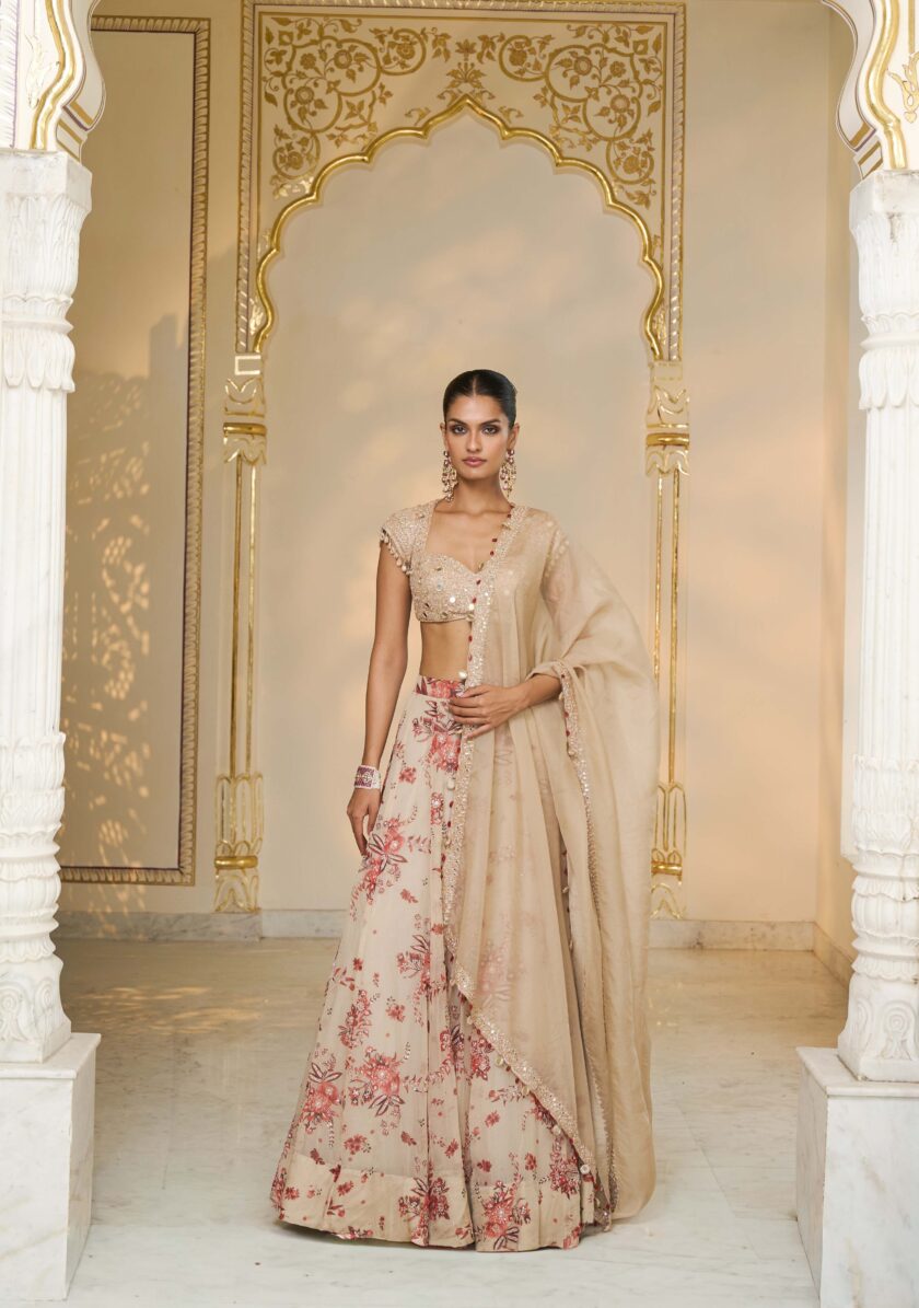 Red bloom print organza lehenga set