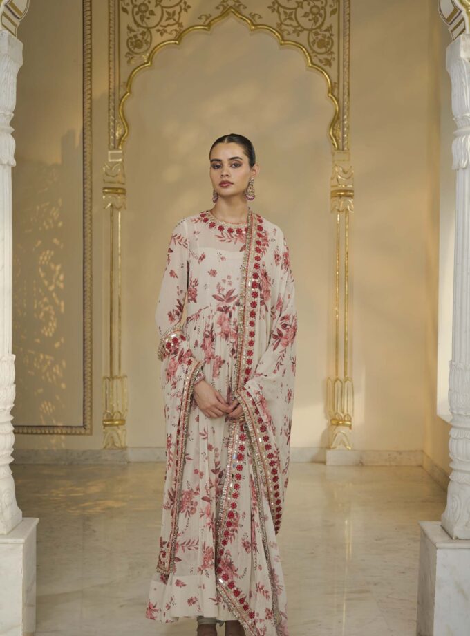 Red bloom print hand embroidered anarkali set