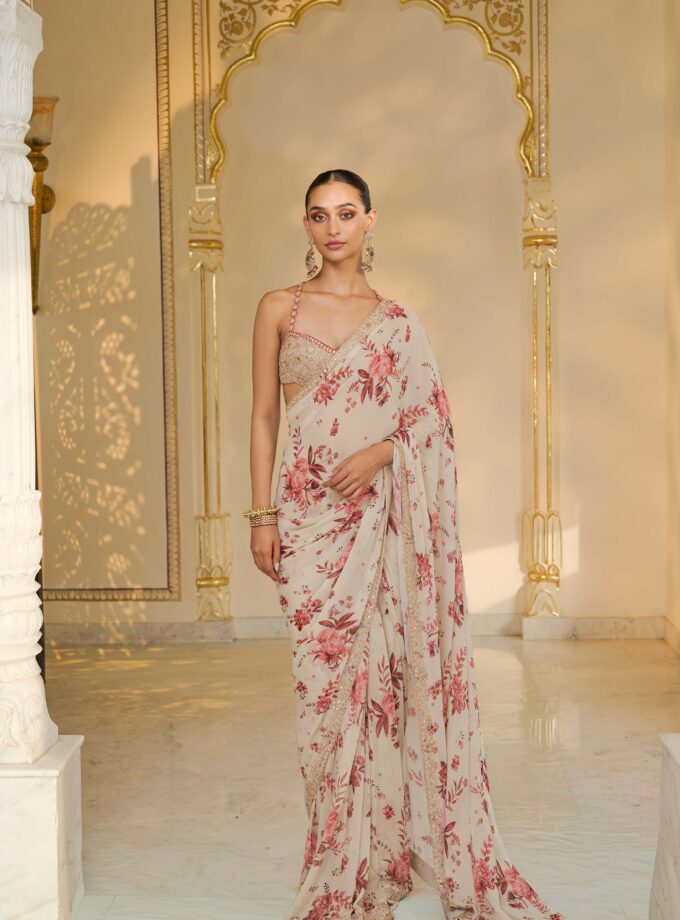 Red bloom print hand embroidered classic sari set