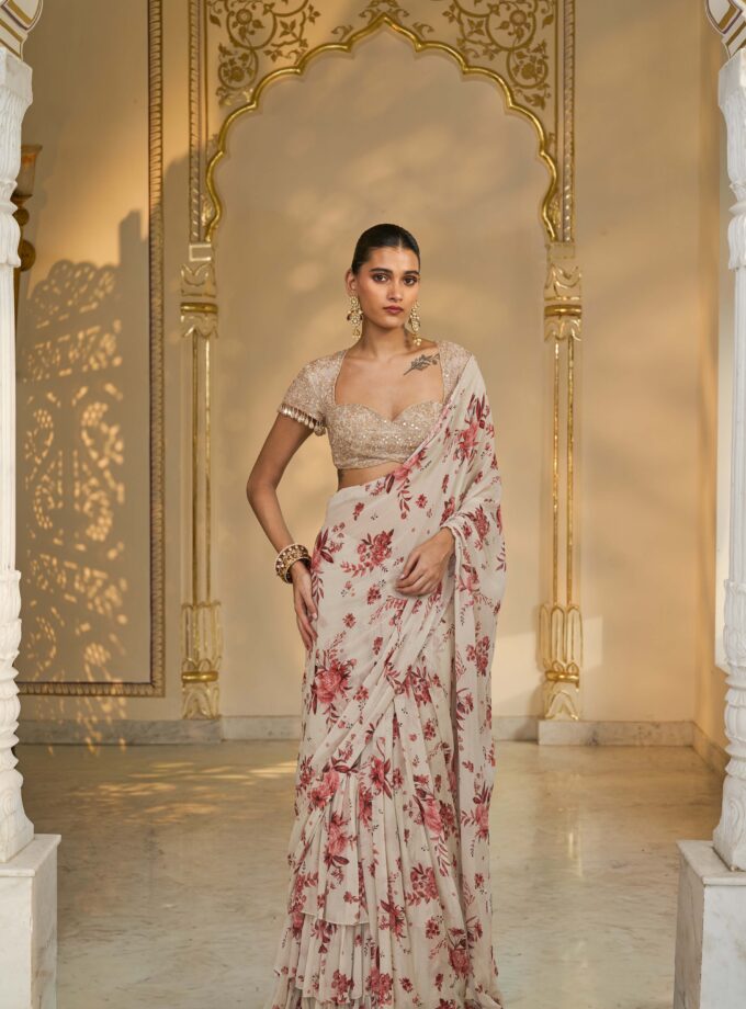 Red bloom print ruffle sari set