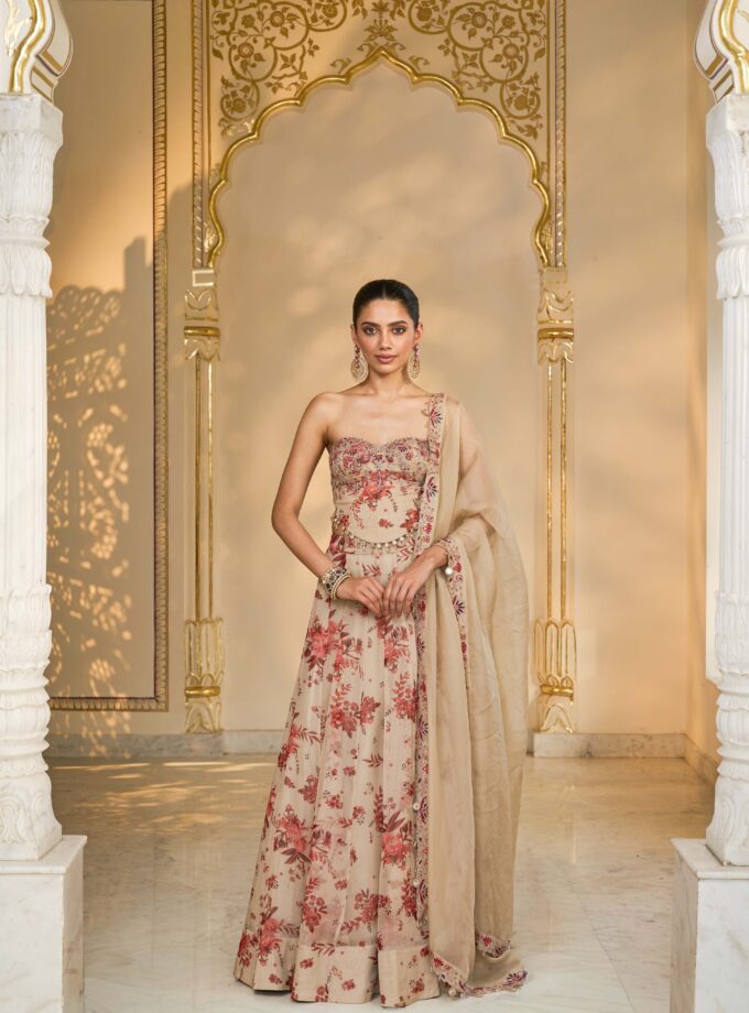 Red bloom print organza lehenga set