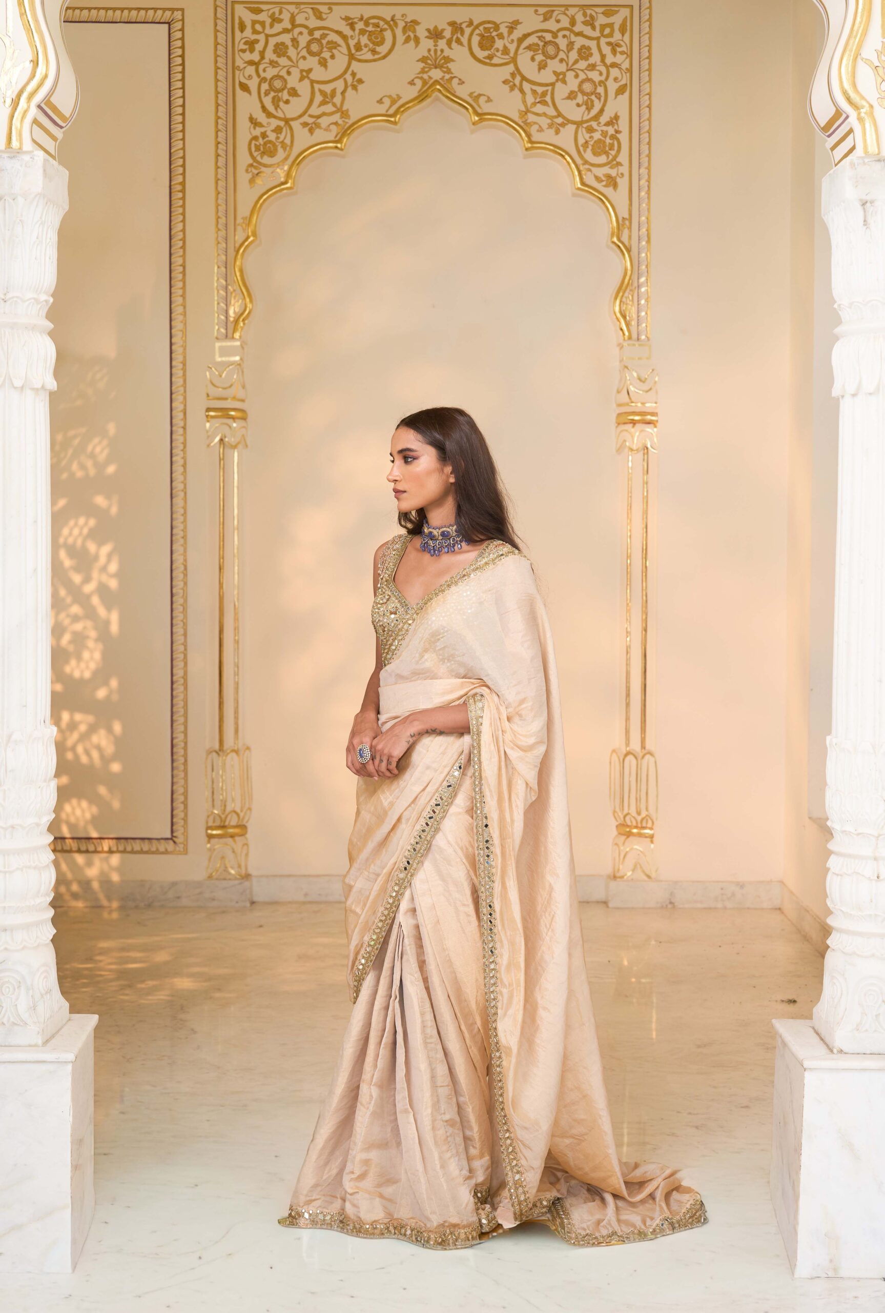 Gold tissue hand embroidered sari set - Image 2