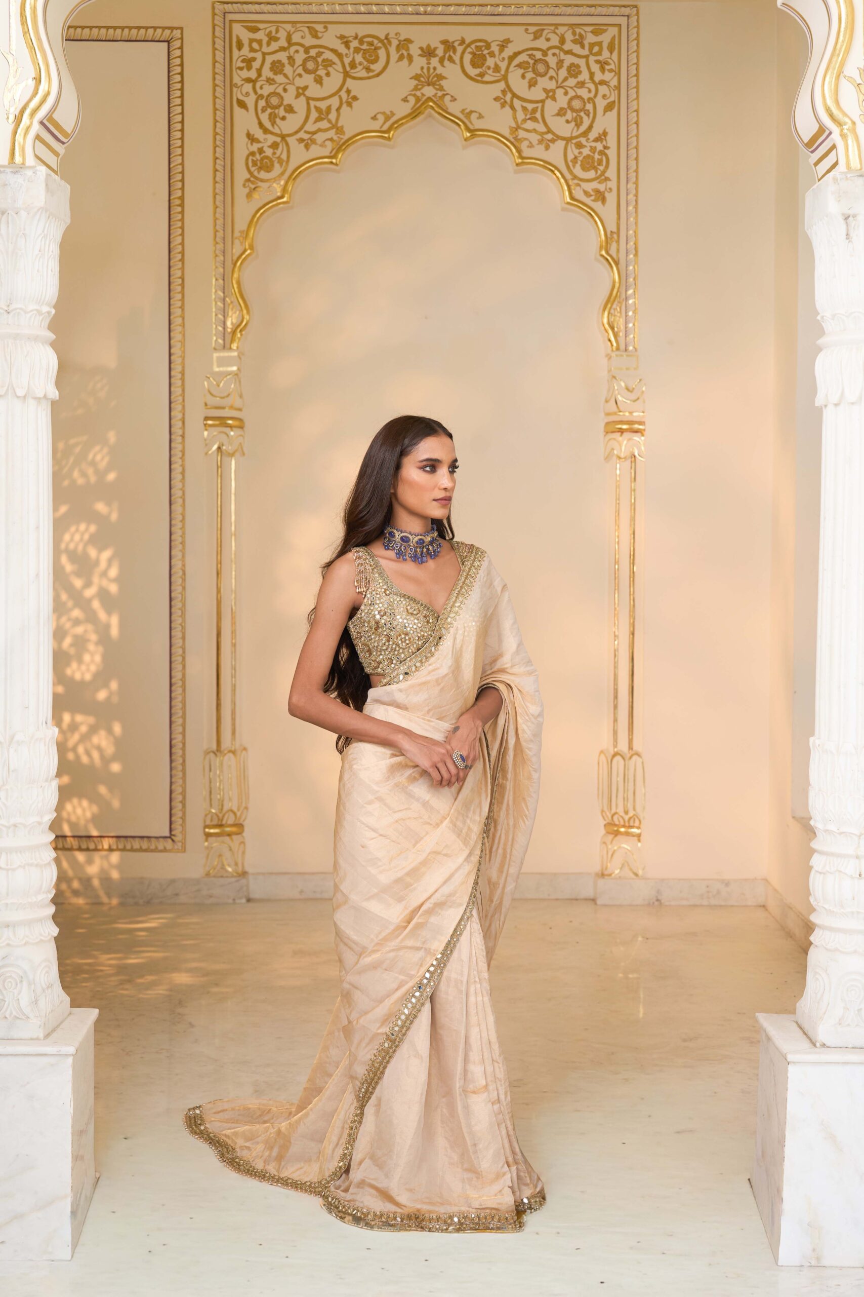 Gold tissue hand embroidered sari set - Image 3