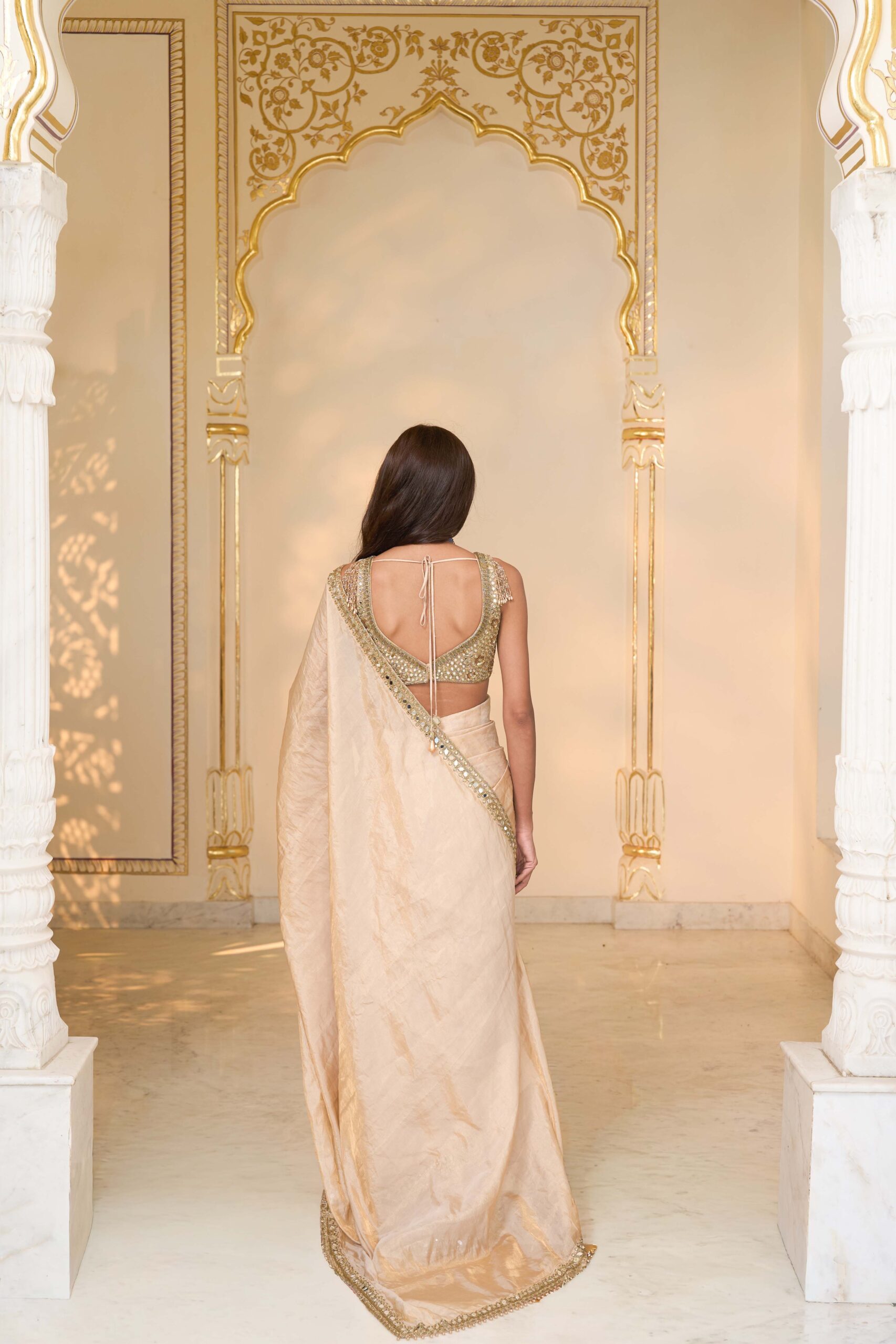 Gold tissue hand embroidered sari set - Image 4