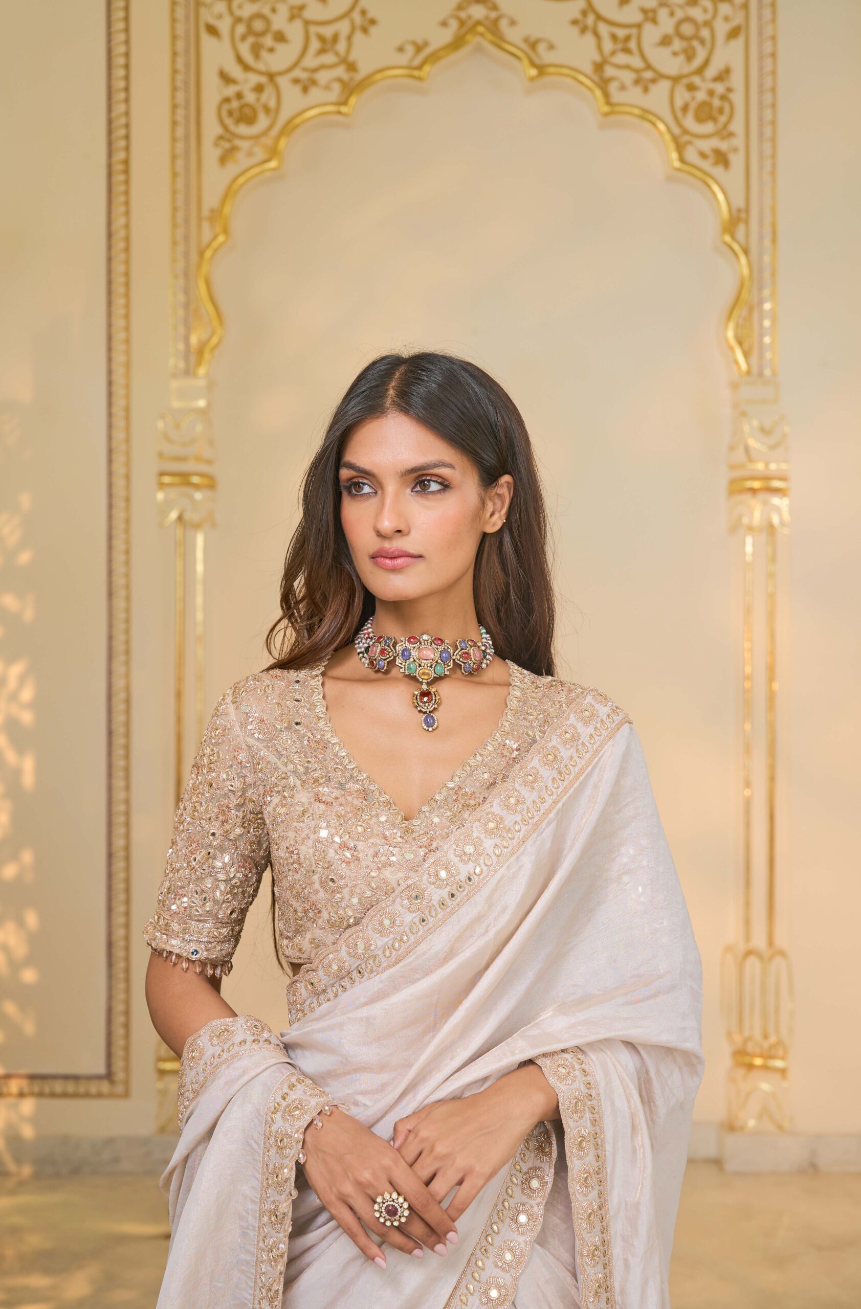 Rose gold tissue hand embroidered sari set - Image 5