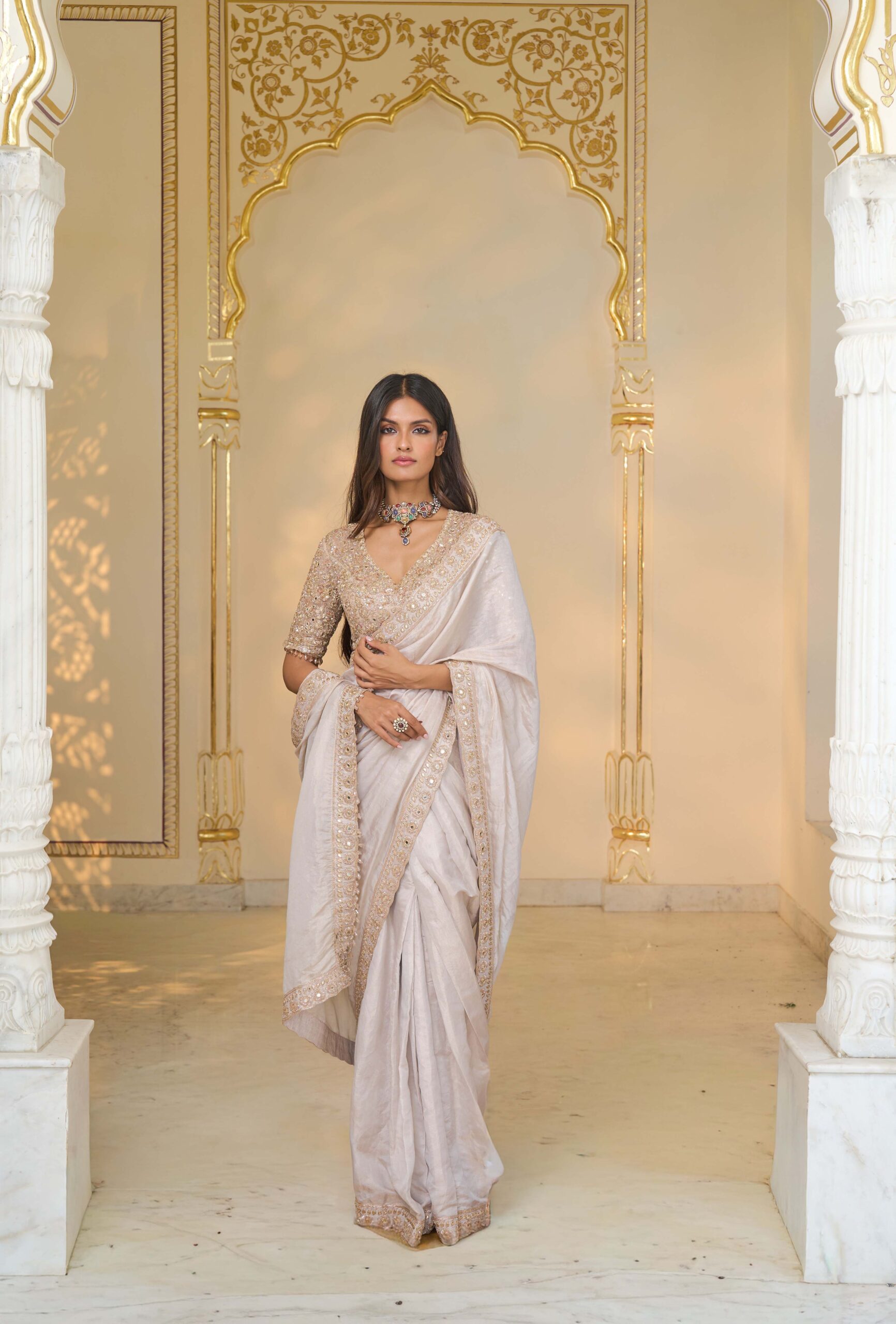 Rose gold tissue hand embroidered sari set