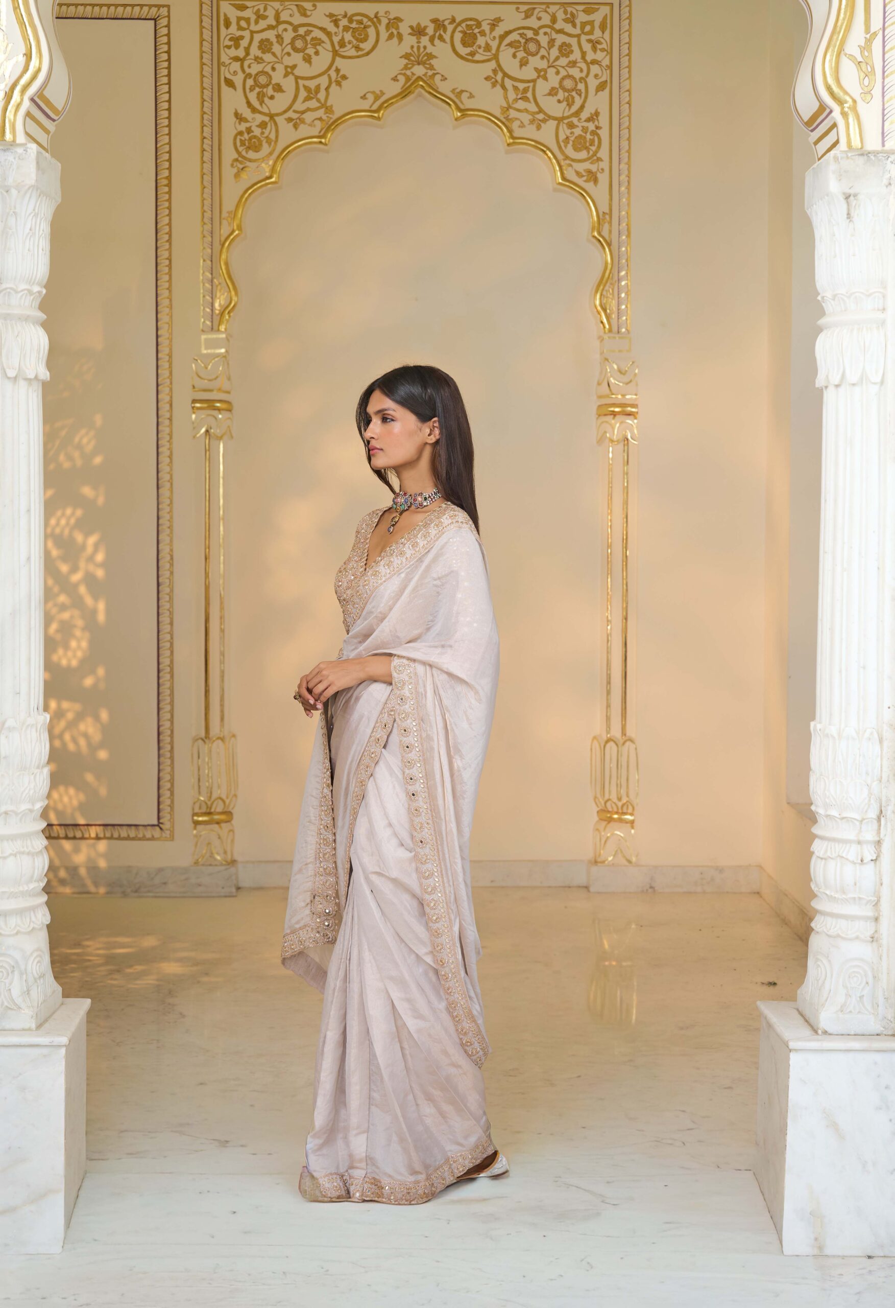 Rose gold tissue hand embroidered sari set - Image 2