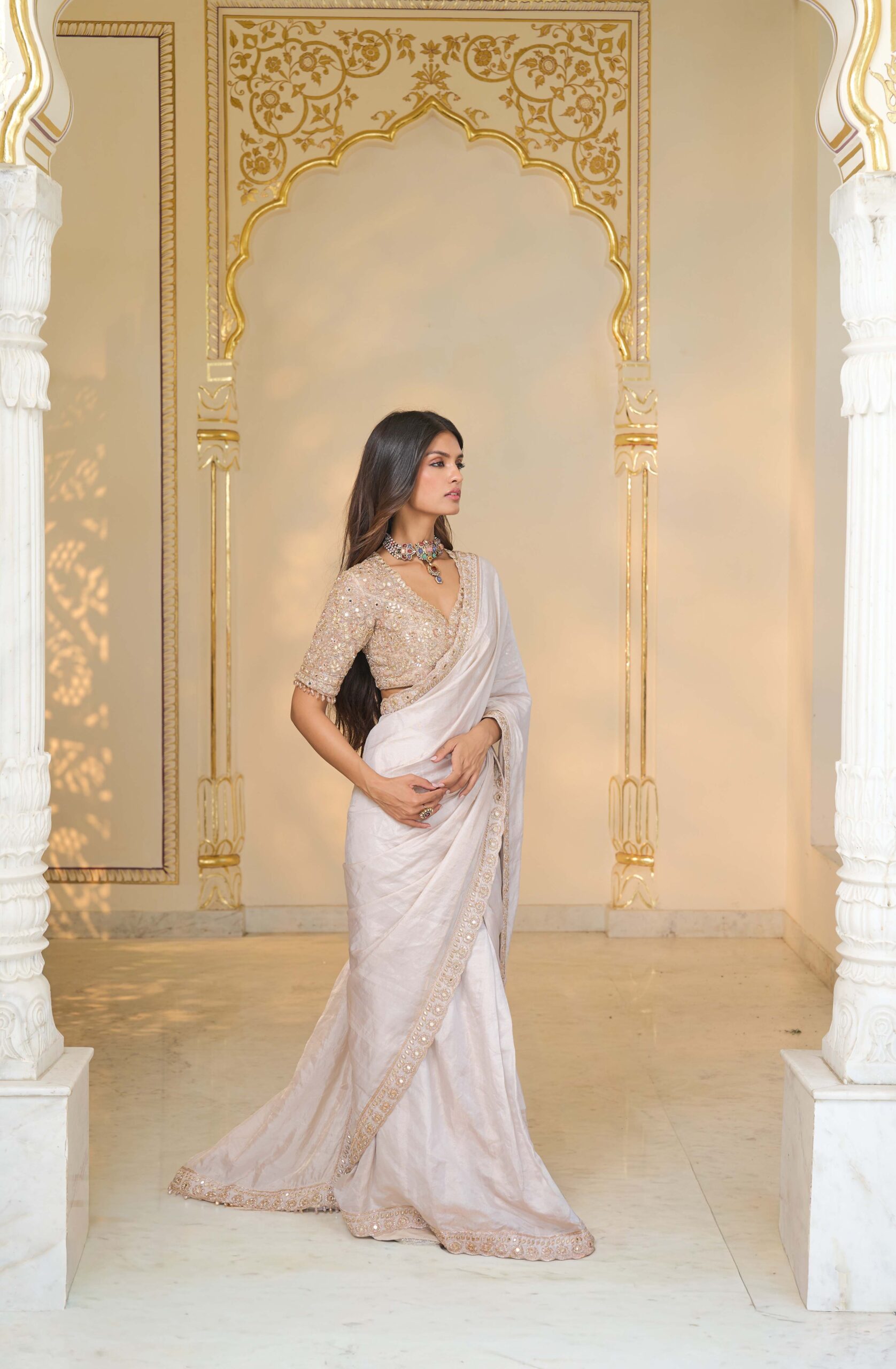 Rose gold tissue hand embroidered sari set - Image 3