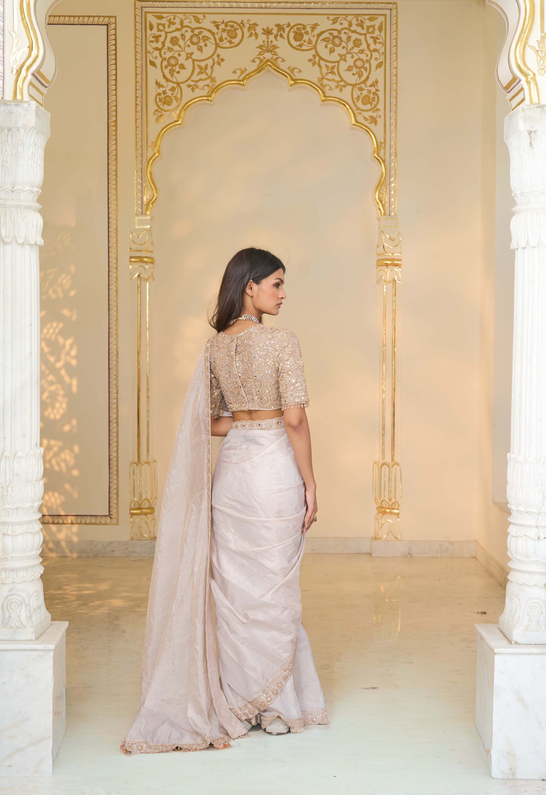 Rose gold tissue hand embroidered sari set - Image 4
