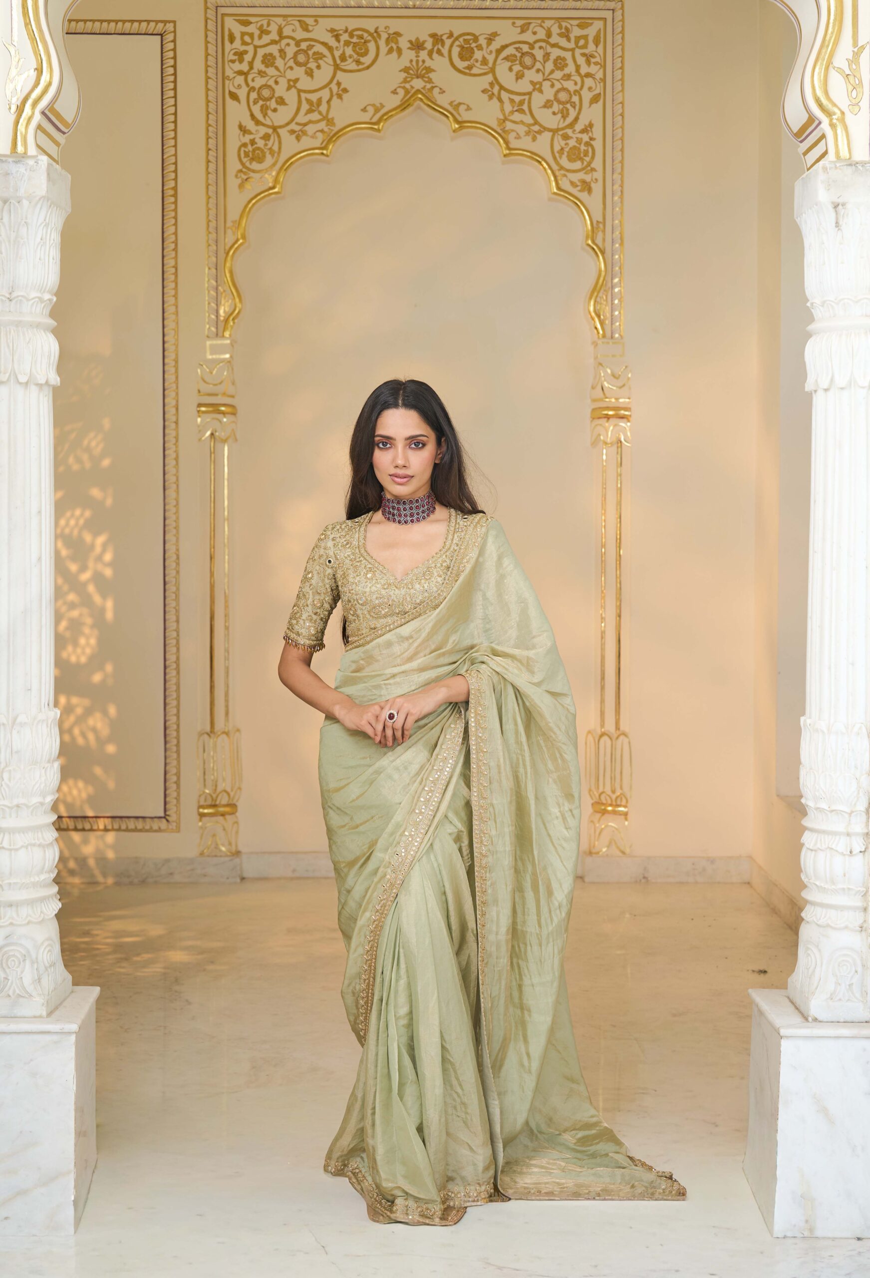 Sage green tissue hand embroidered sari set