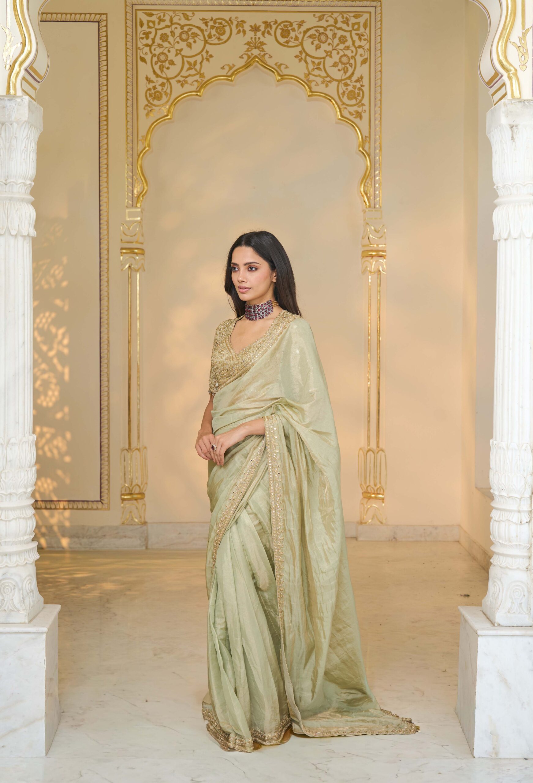 Sage green tissue hand embroidered sari set - Image 2