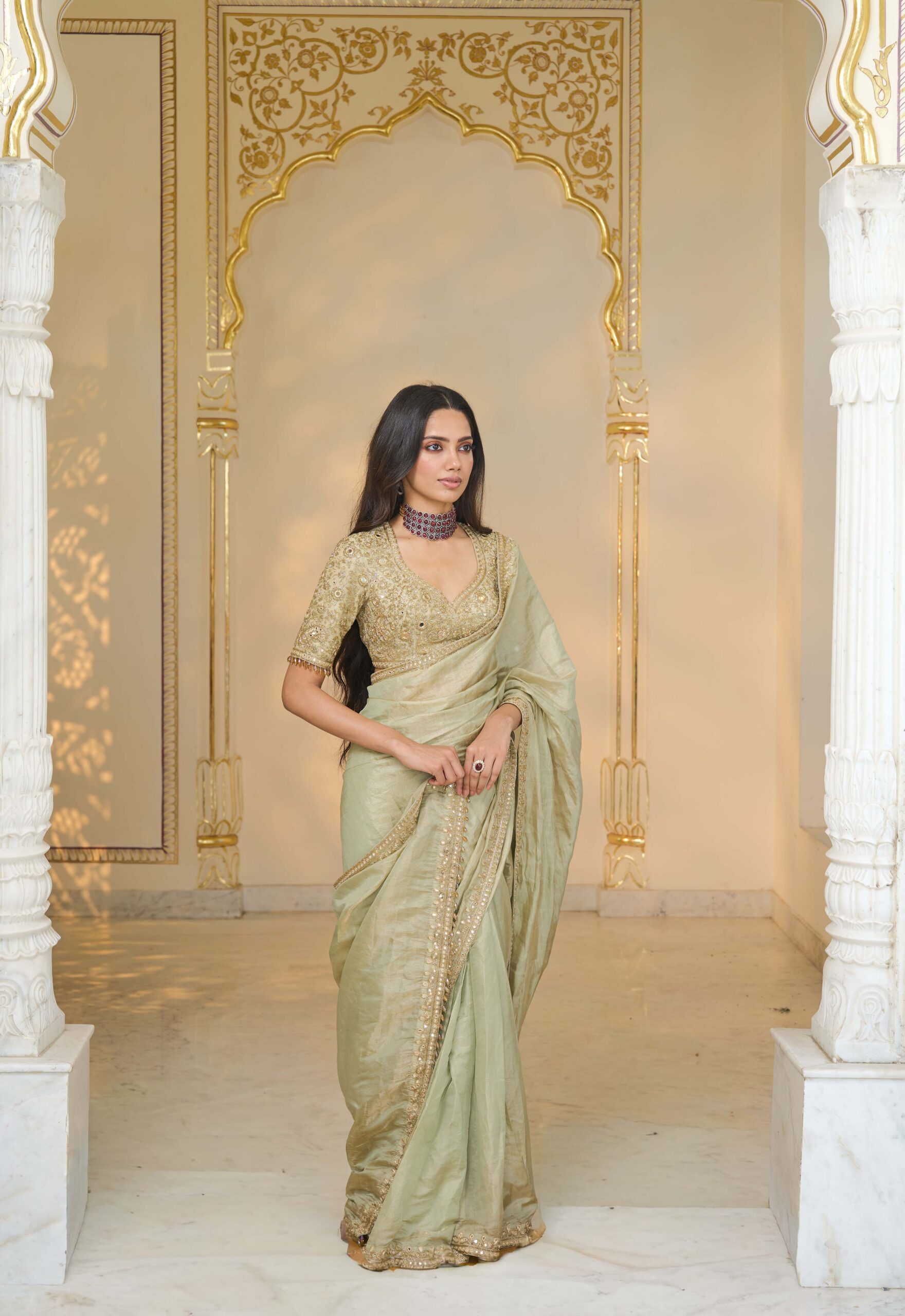 Sage green tissue hand embroidered sari set - Image 3