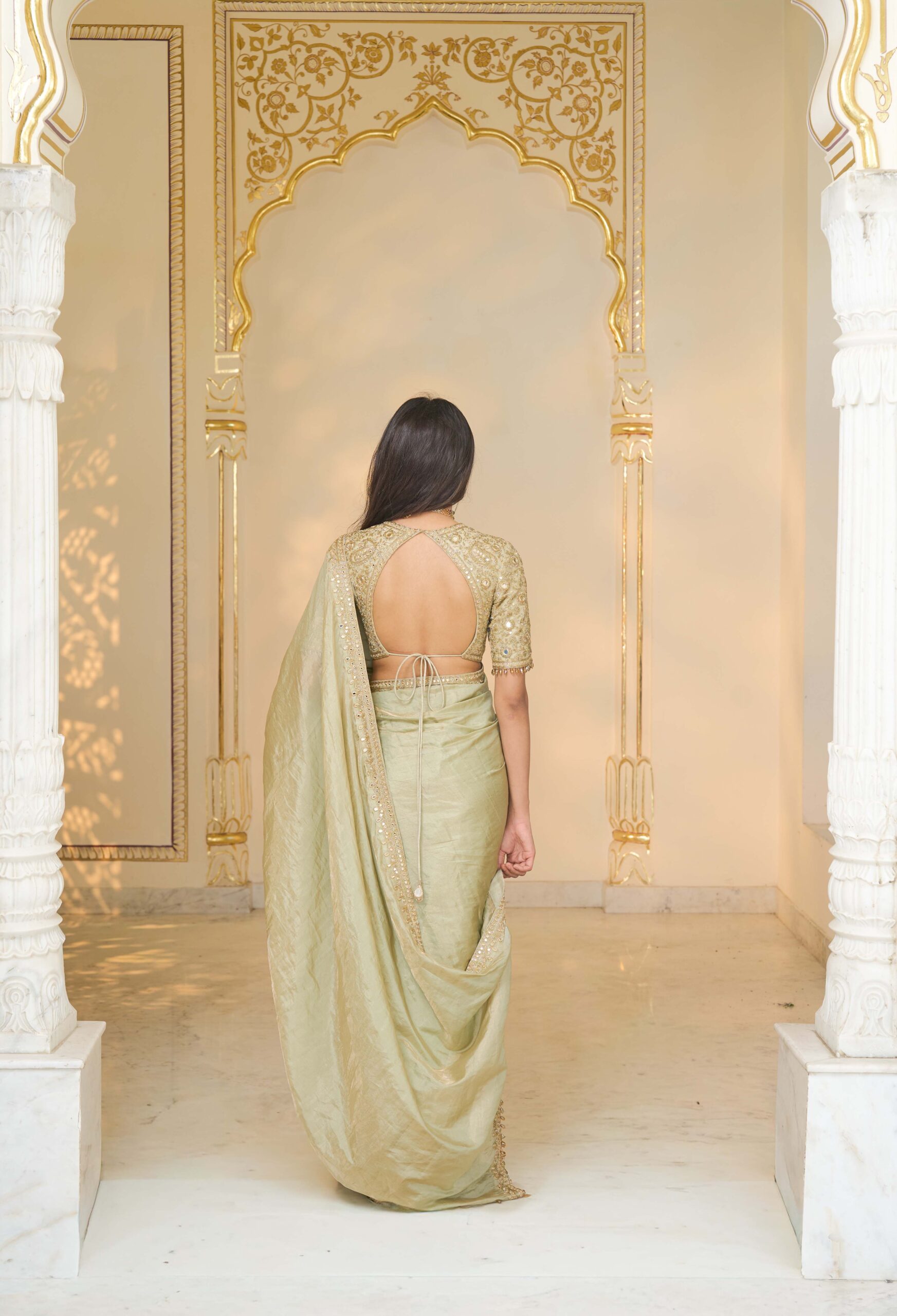 Sage green tissue hand embroidered sari set - Image 4