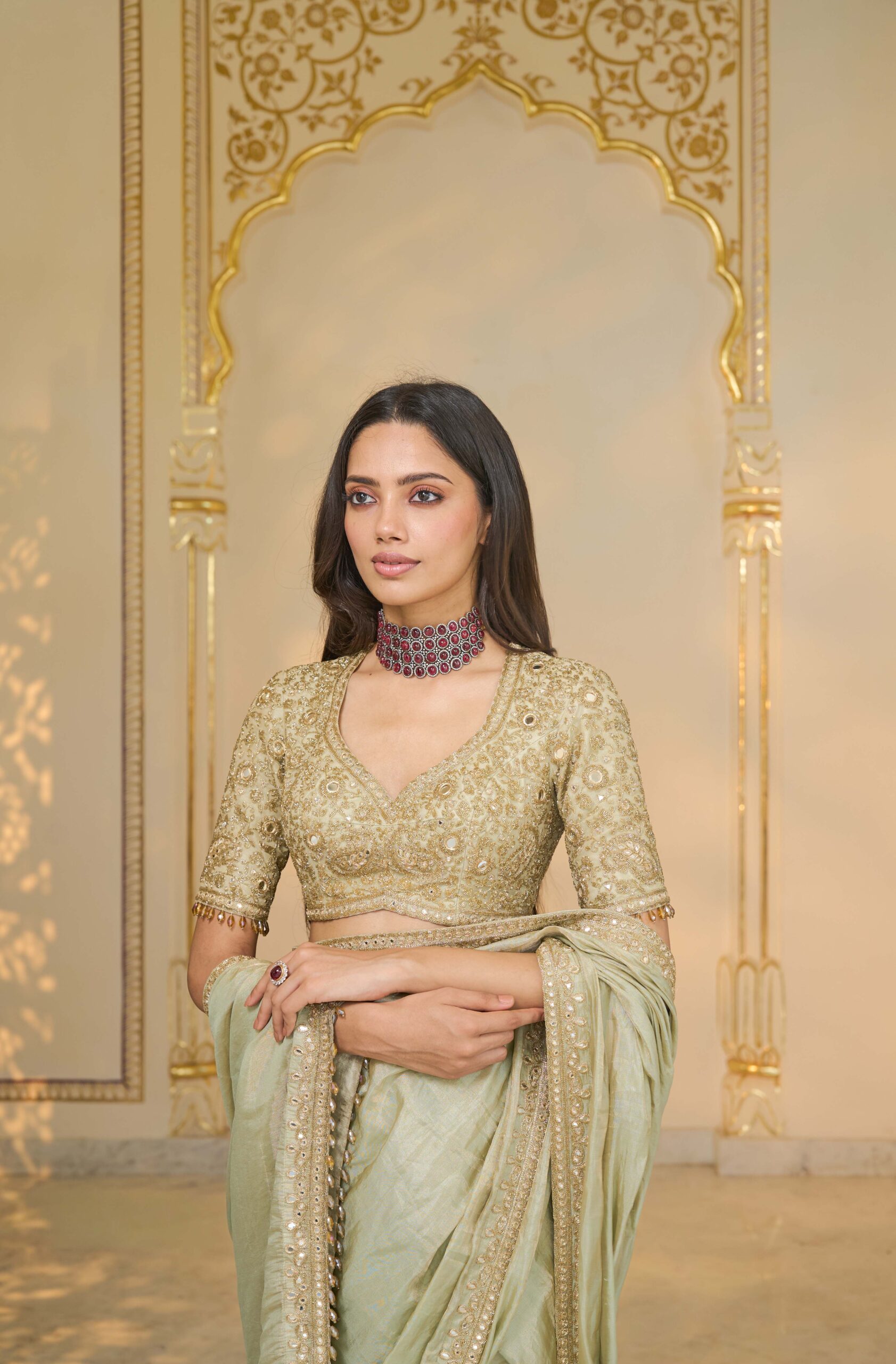 Sage green tissue hand embroidered sari set - Image 5