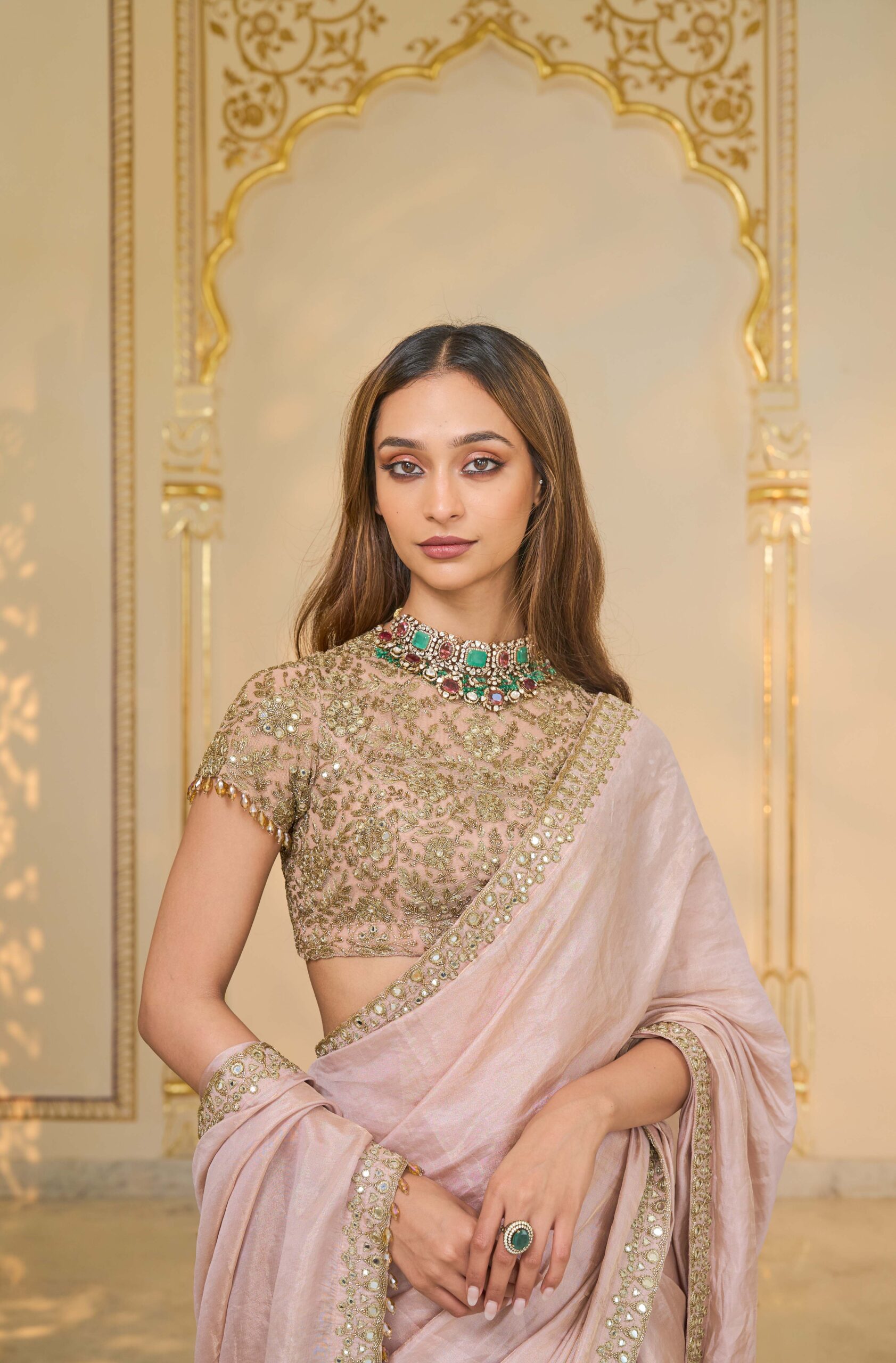 Old rose tissue hand embroidered sari set - Image 5