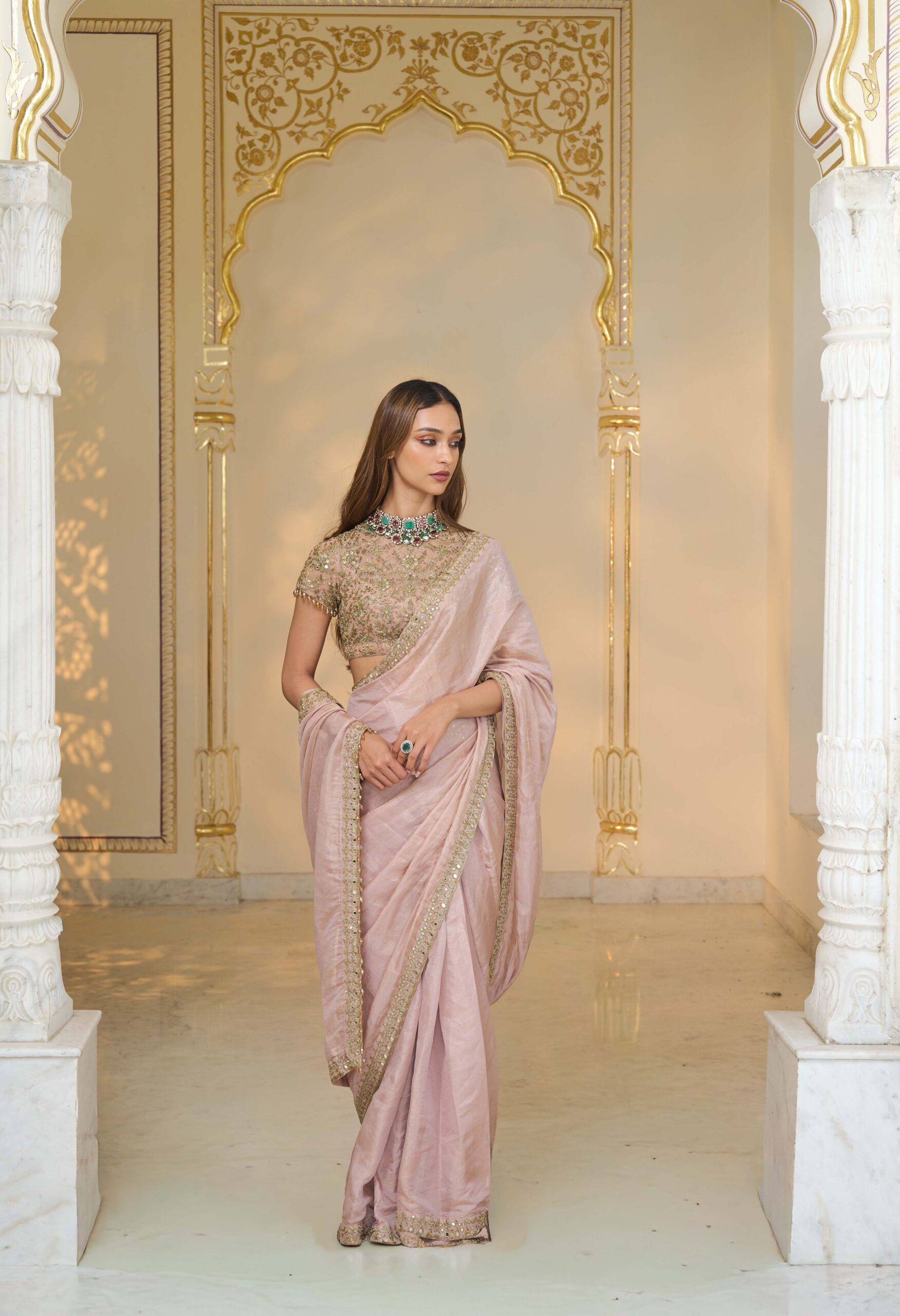 Old rose tissue hand embroidered sari set - Image 3