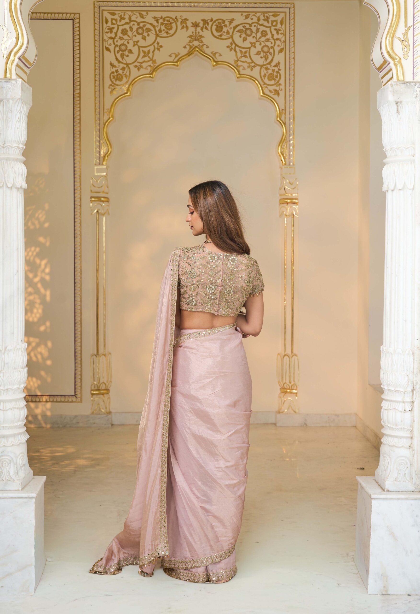Old rose tissue hand embroidered sari set - Image 4