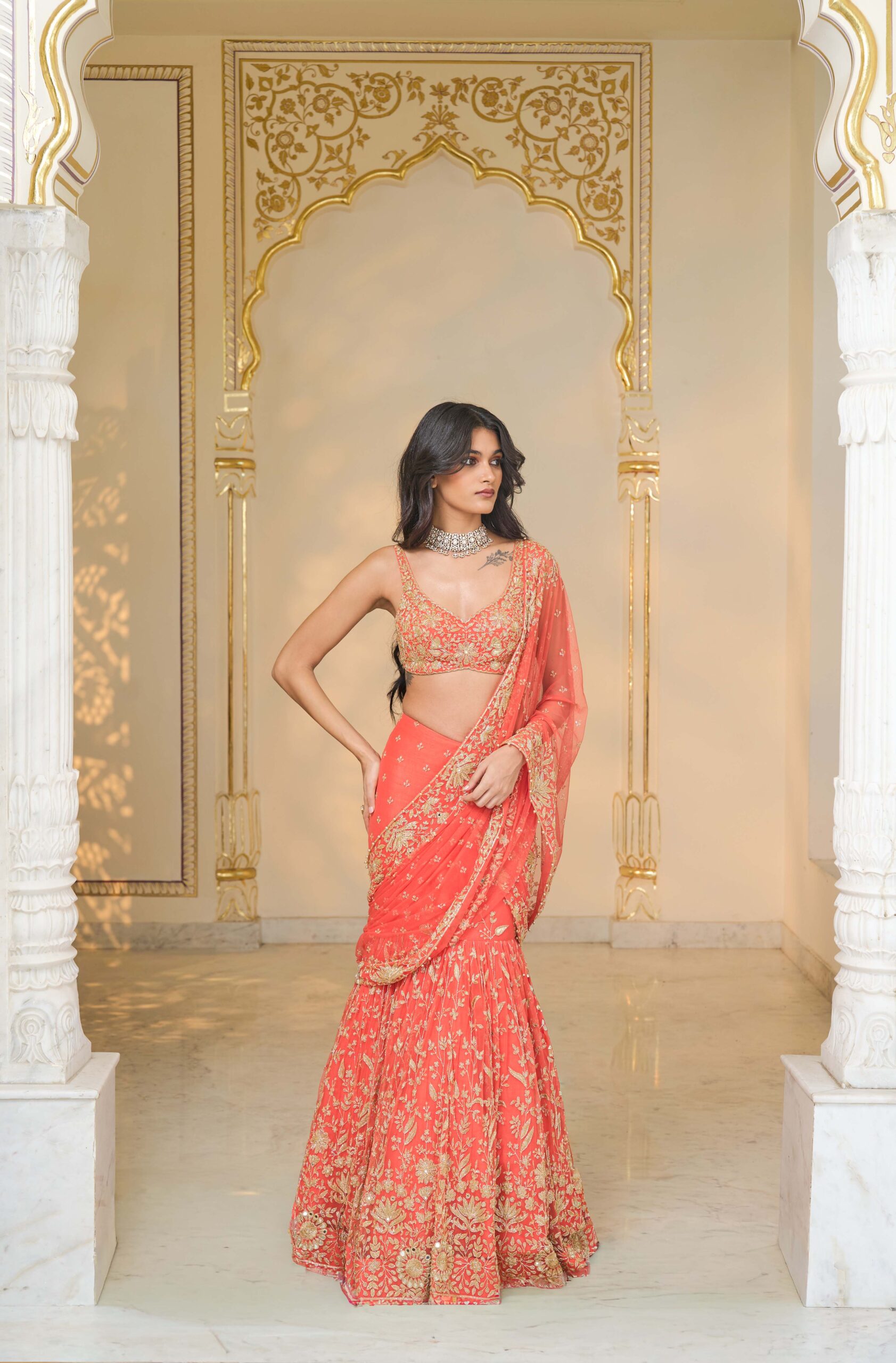 Warm coral hip hug hand embroidered sari set - Image 3